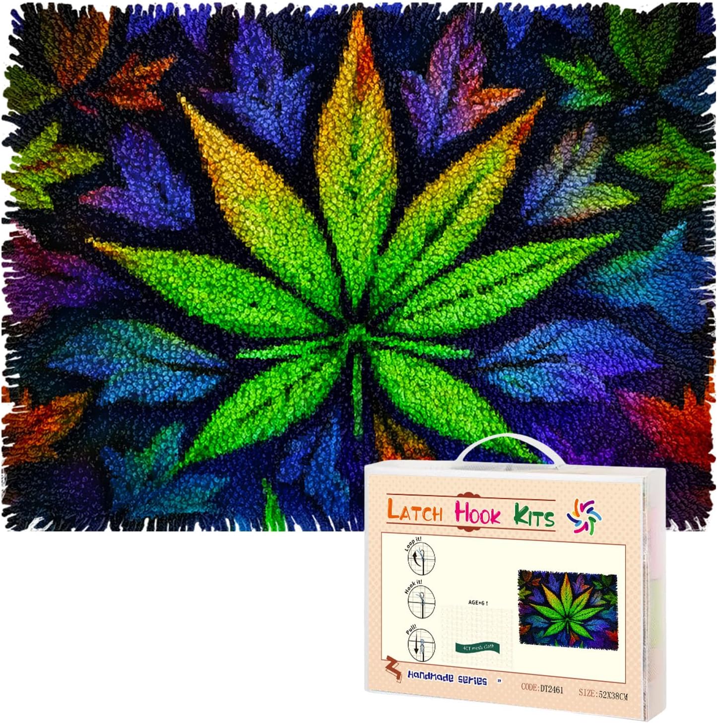 Latch Hook Rug Kit Colors of Marijuana Leaf Pre-Printed Handmade Carpet Crochet Yarn Craft DIY Hook and Latch Door Mat Tapestry for Home Floor Decoration 60x40cm-1