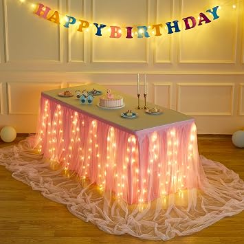 PARTISKY Pink Tulle Tutu Table Skirt for Rectangle Tables or Round Tables,Led Light String Table Cloth for Girls Baby Shower Birthday Party Dessert/Cake Tables
