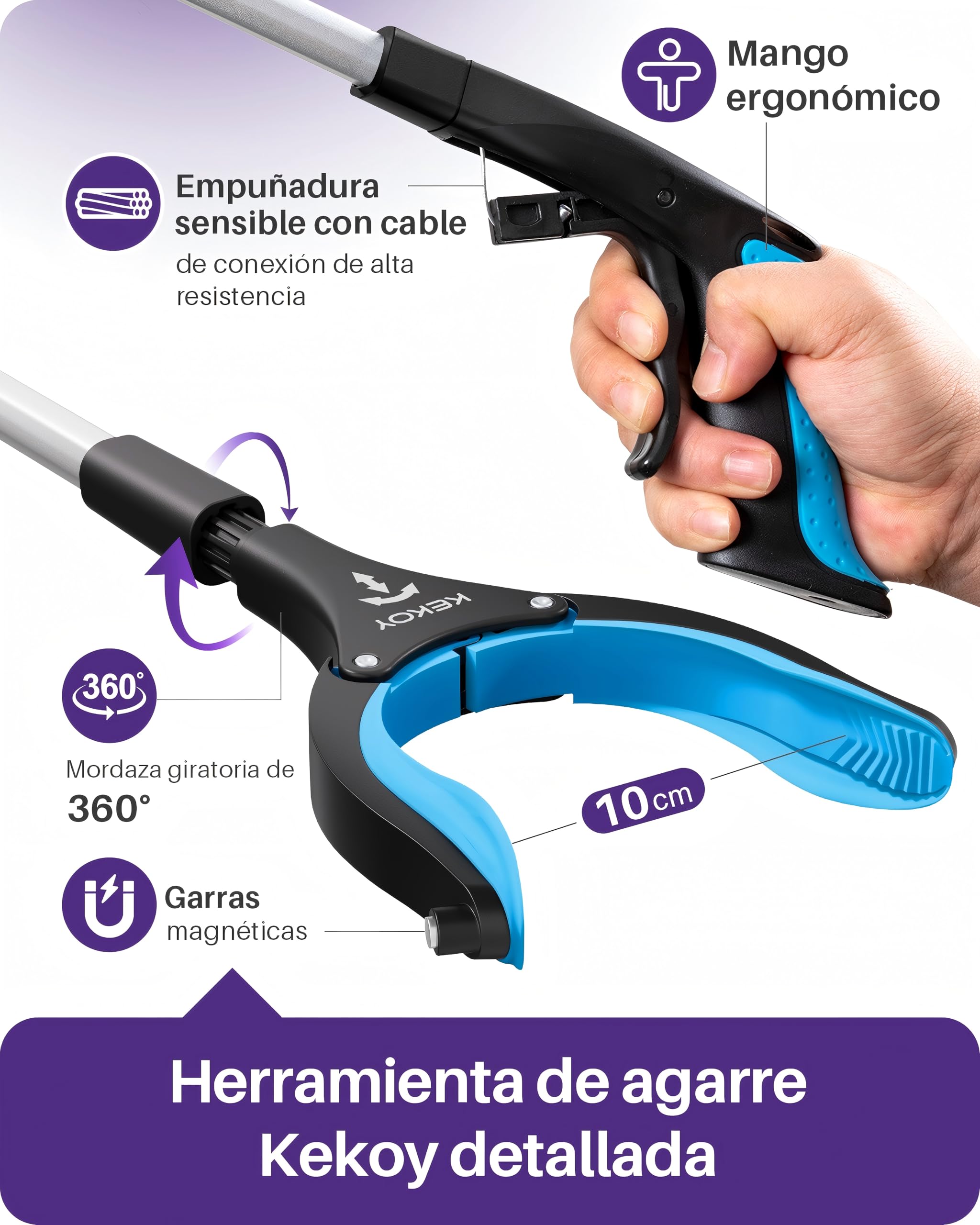 KEKOY Pinza Larga de 91 cm para Personas Mayores, Pinza Larga para Alcanzar Objetos Plegables con Pinza Antideslizante Rotatoria de 360°, Garra Extendida de 4" de Ancho con Imán (Azul,2 Piezas)
