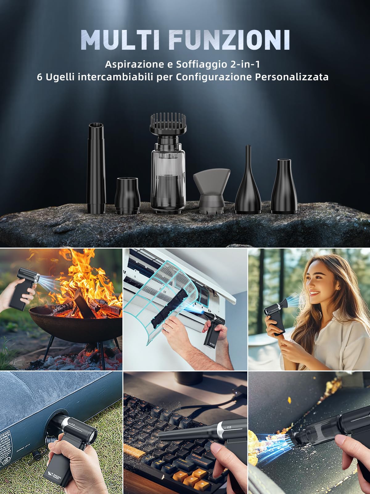 Smiling Shark Elettrico Rimuovi Polvere Aria Compressa, J02 Alluminio 150000 Giri/Min Soffiatore d'Aria Elettrico - Senza Fili con Modalità Storm & Batteria 8000mAh per PC/Auto/Casa/Camping, Nero