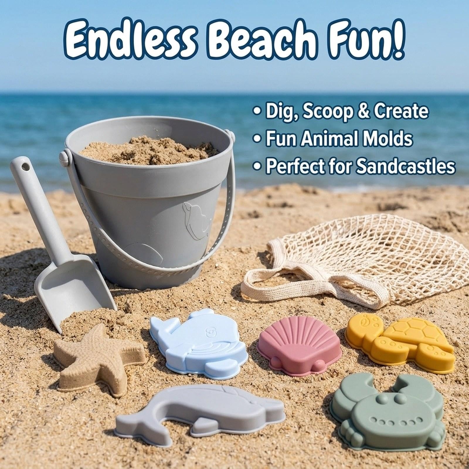 Kit de Juguetes de Playa para Niños con Cubo de Arena de Silicona, Pala, de Animales Y Bolsa de Malla. Ligero Y Ideal para a, Gris, tal como se describe