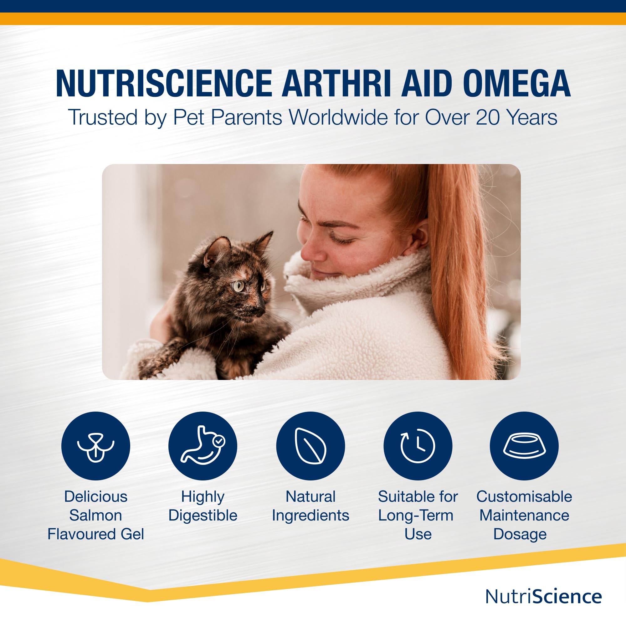 NutriScience ArthriAid Omega Cat Gel – Saveur saumon, complément pour articulations des chats (50 ml) – Avec glucosamine, chondroïtine, MSM et oméga 3 – Soutient la santé et la mobilité articulaires