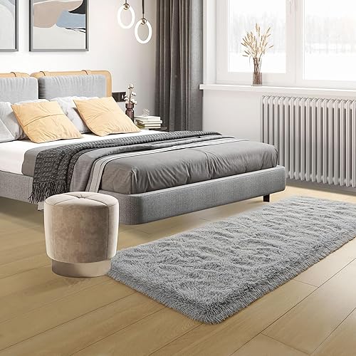 Miniatura 5 de Tepook Alfombras suaves para dormitorio de 2 x 6 pies con respaldo de goma, alfombras grises esponjosas para sala de estar, alfombra de noche peluda