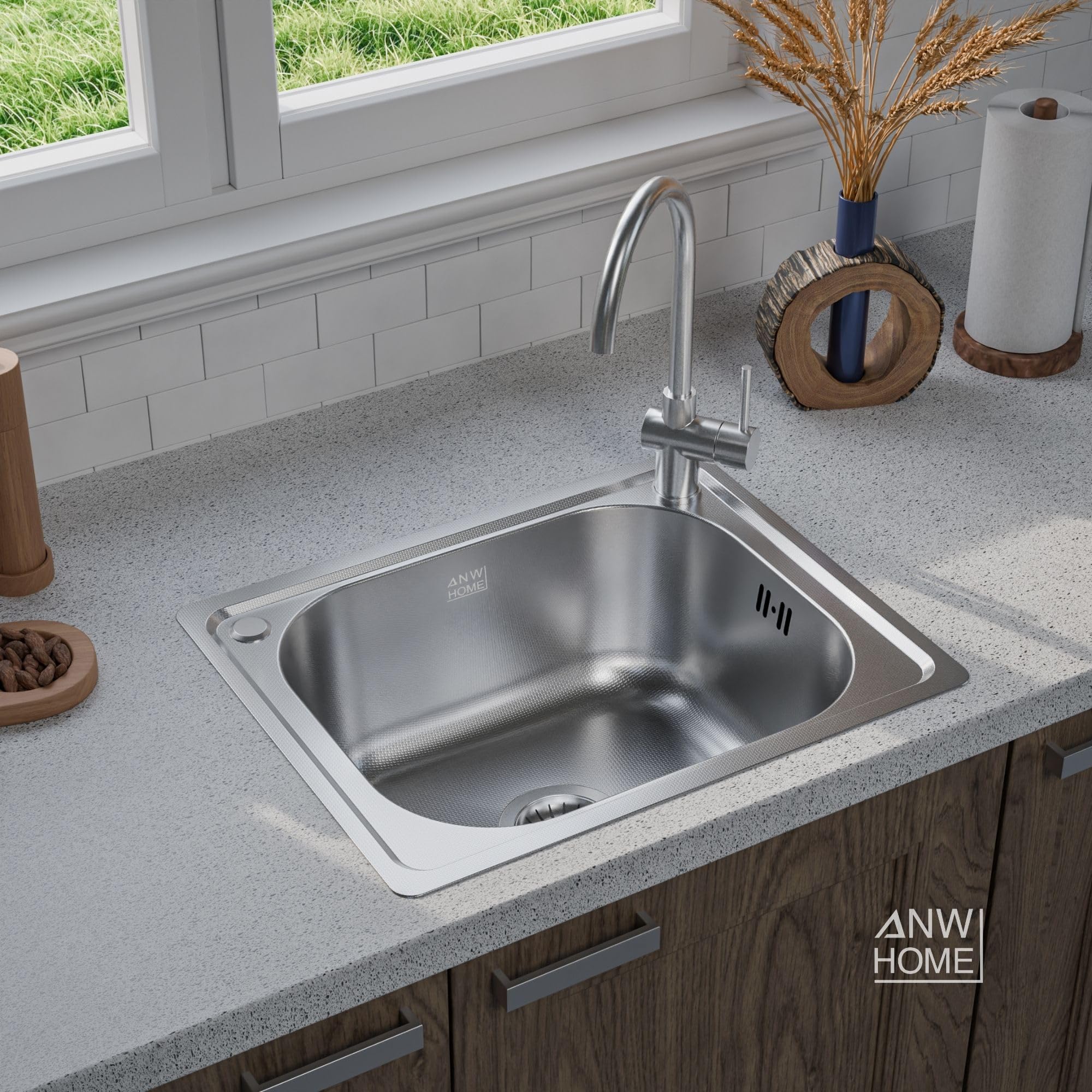 ANW HOME Evier Cuisine 50x40 cm, Evier Inox 1 Bac à Encastrer, Finition Anti-Rayures, Épaisseur 1 mm, avec Siphon