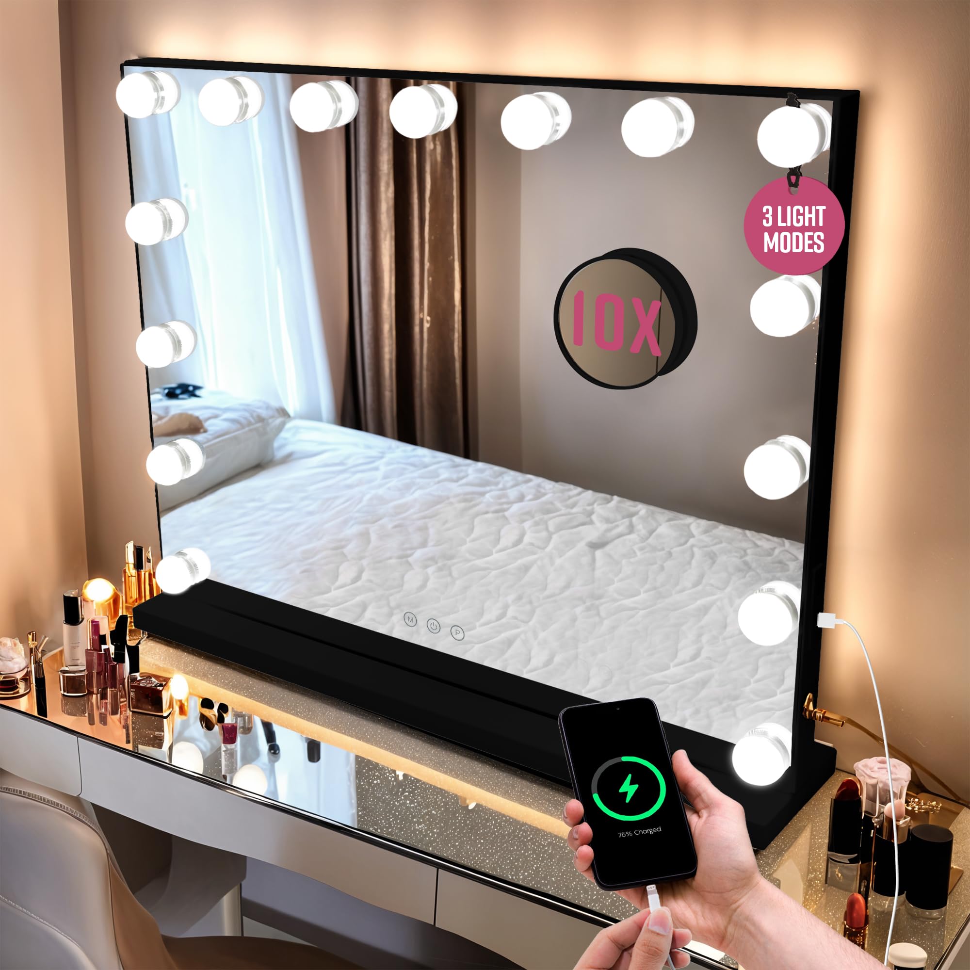 GloBrite Hollywood Vanity Mirror with Lights - 15 LED Bulbs - 3 Lighting Modes, 10x Magnification, Touch Control, USB Charging, Wall/Tabletop, Mirror for Dressing Table, Bathroom or Bedroom - Black