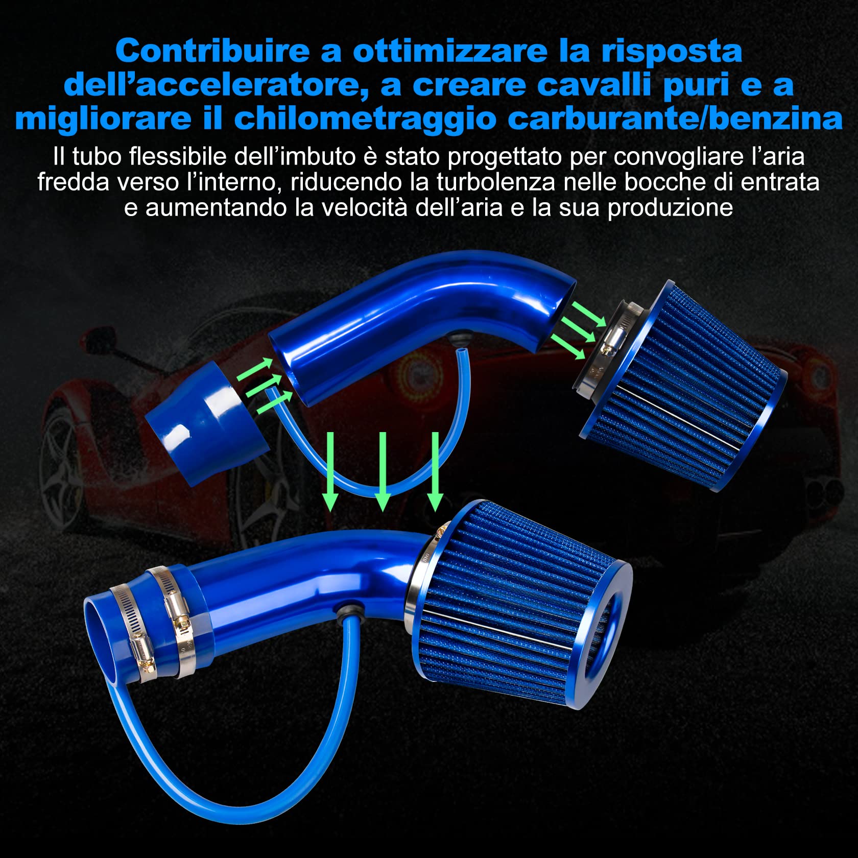 CarBole Kit Filtro aria sportivo universale Raffreddamento, Sistema ingresso aria per auto universale in fibra di carbonio con tubo blu