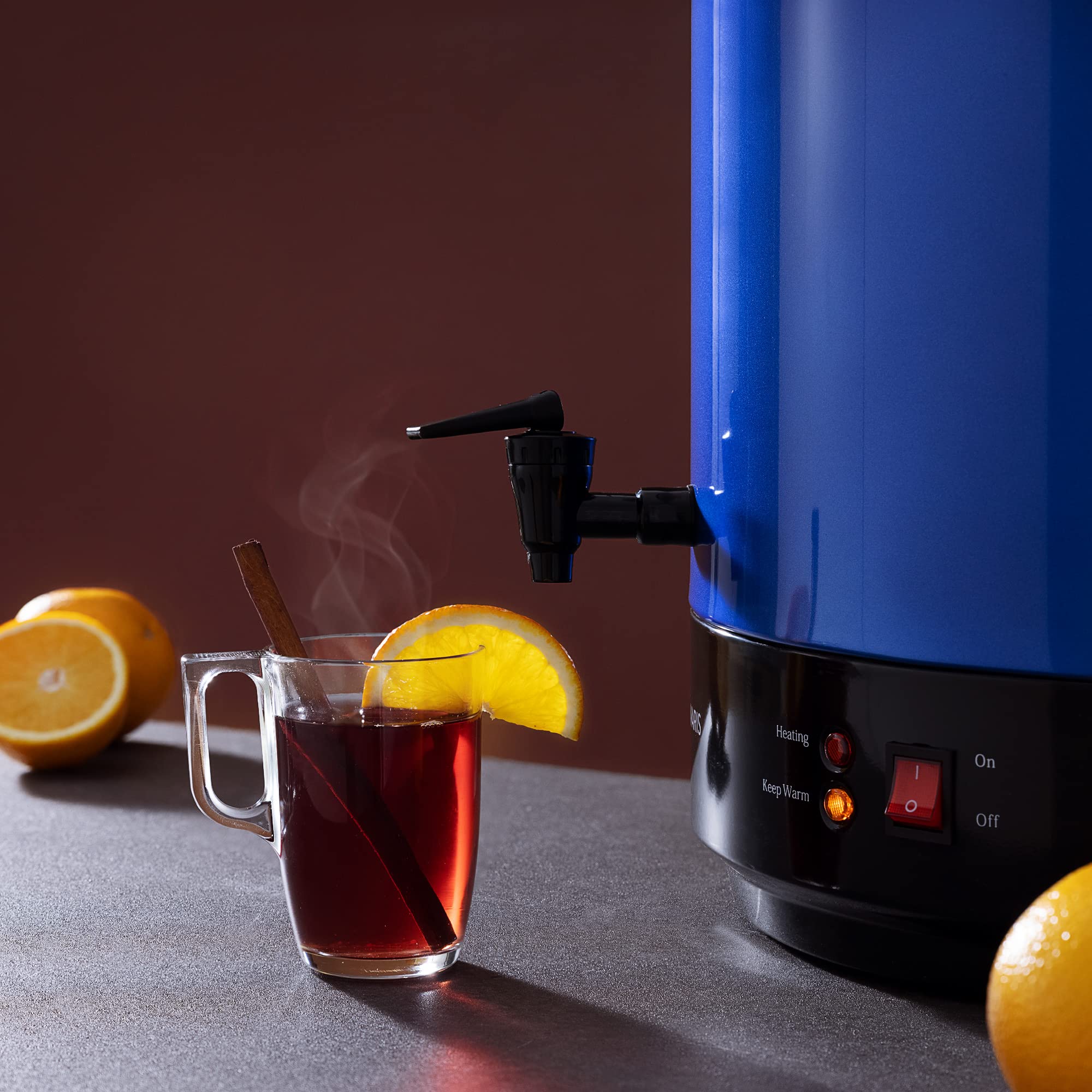 Navaris Stérilisateur à Bocaux Électrique - Machine à Vin Chaud 27L - Distributeur Boissons en Inox - Autocuiseur Minuteur - Bleu métallique