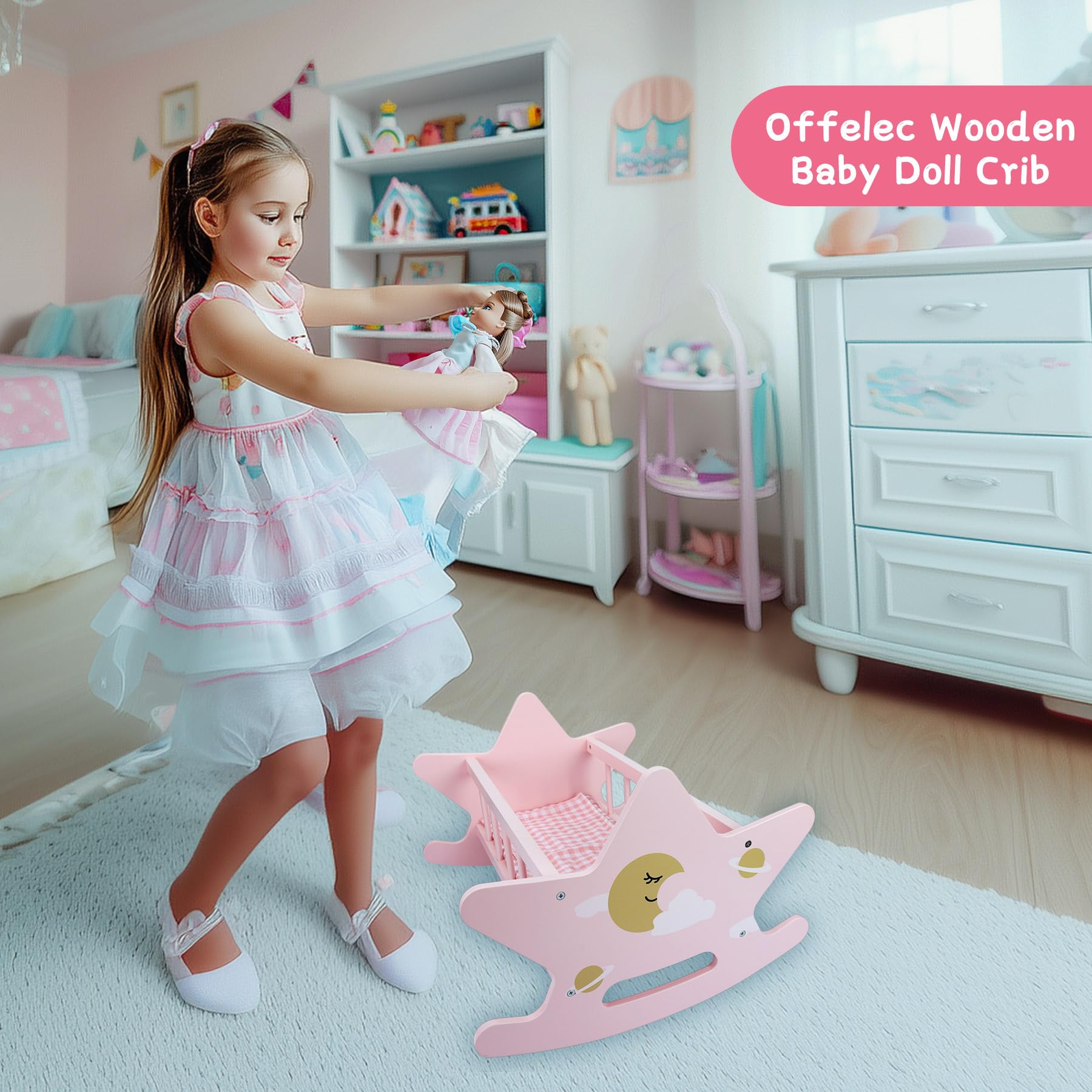 Cuna de Madera para muñecas, Adecuado para muñecas de hasta 46 cm, Rosa Juguete de Madera con Ropa de Cama, Juguete para Niños y Niñas a Partir de 3 Años