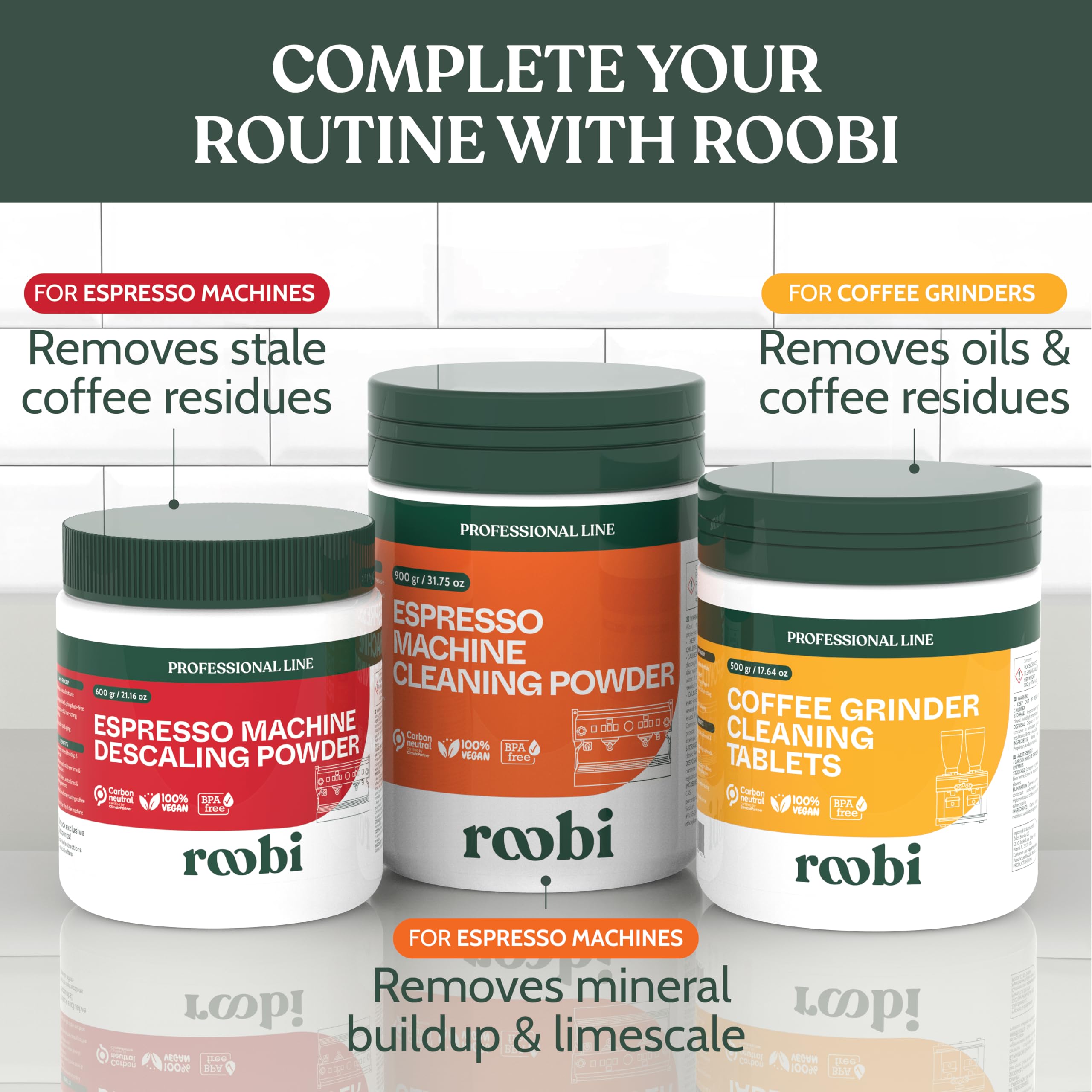 Roobi Polvo descalcificador profesional para máquina de espresso. Polvo descalcificador de espresso neutro en carbono, hasta 21 aplicaciones, 600 gr.