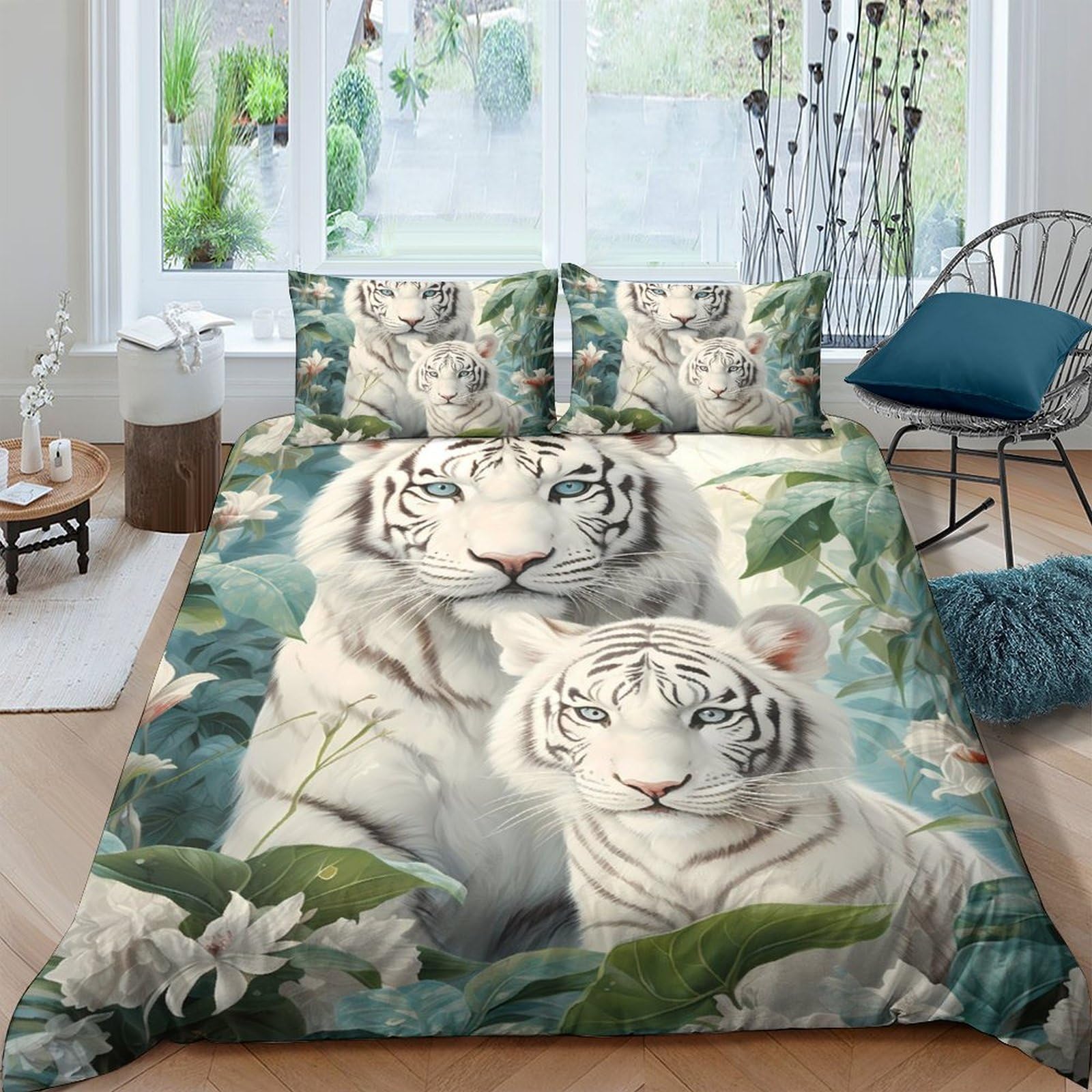 GPLZQXKJNH 3D Printed White Tiger Duvet Cover Set Microfiber Soft Breathable Green Jungle Bedding with 2 Pillowcases for Bedroom Single（135x200cm）