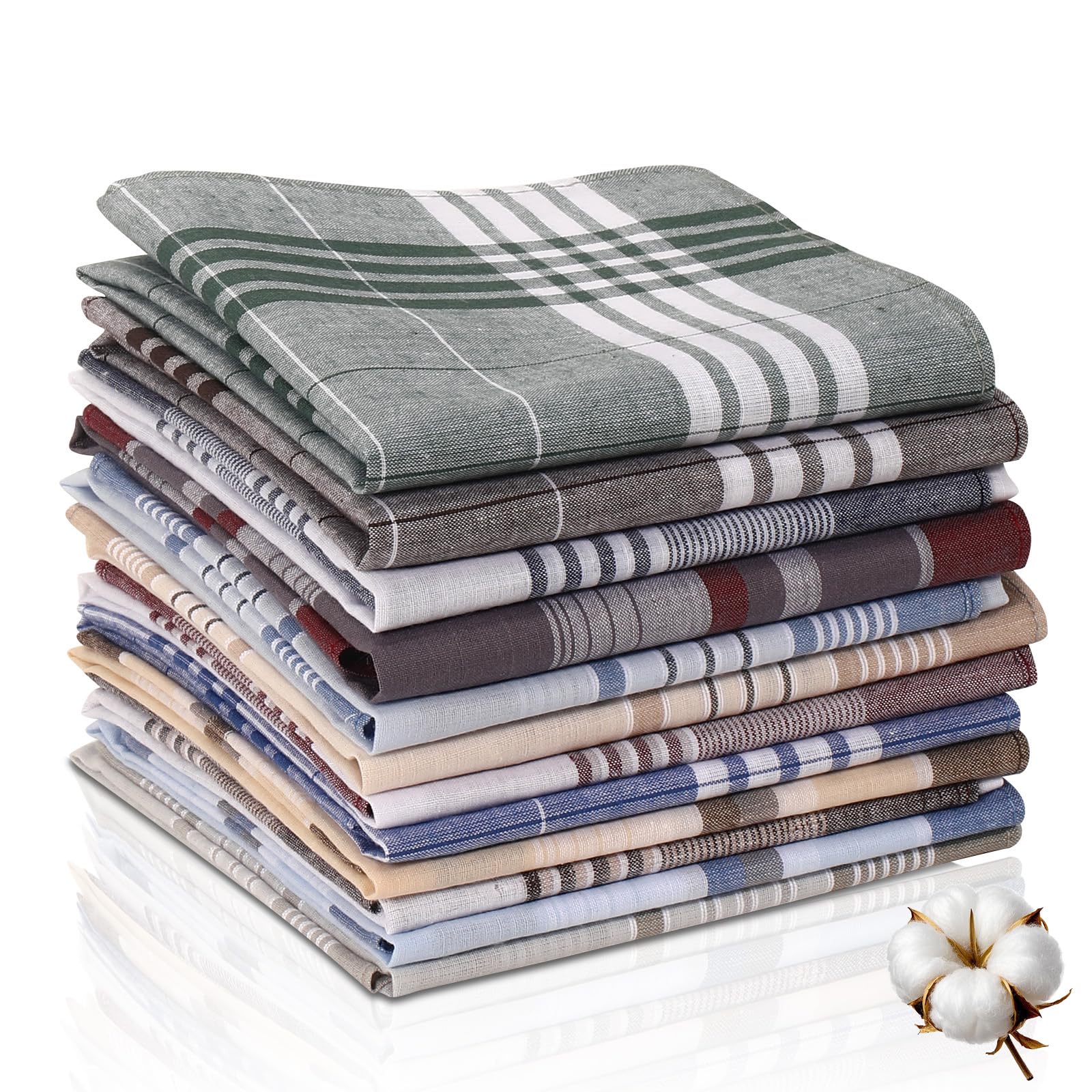 Arkbaodan Men's Checkered Stripes*12Pcs 12 Pack Handkerchiefs 100% Cotton 16 Inch Large Pocket Square Handkerchief With Check