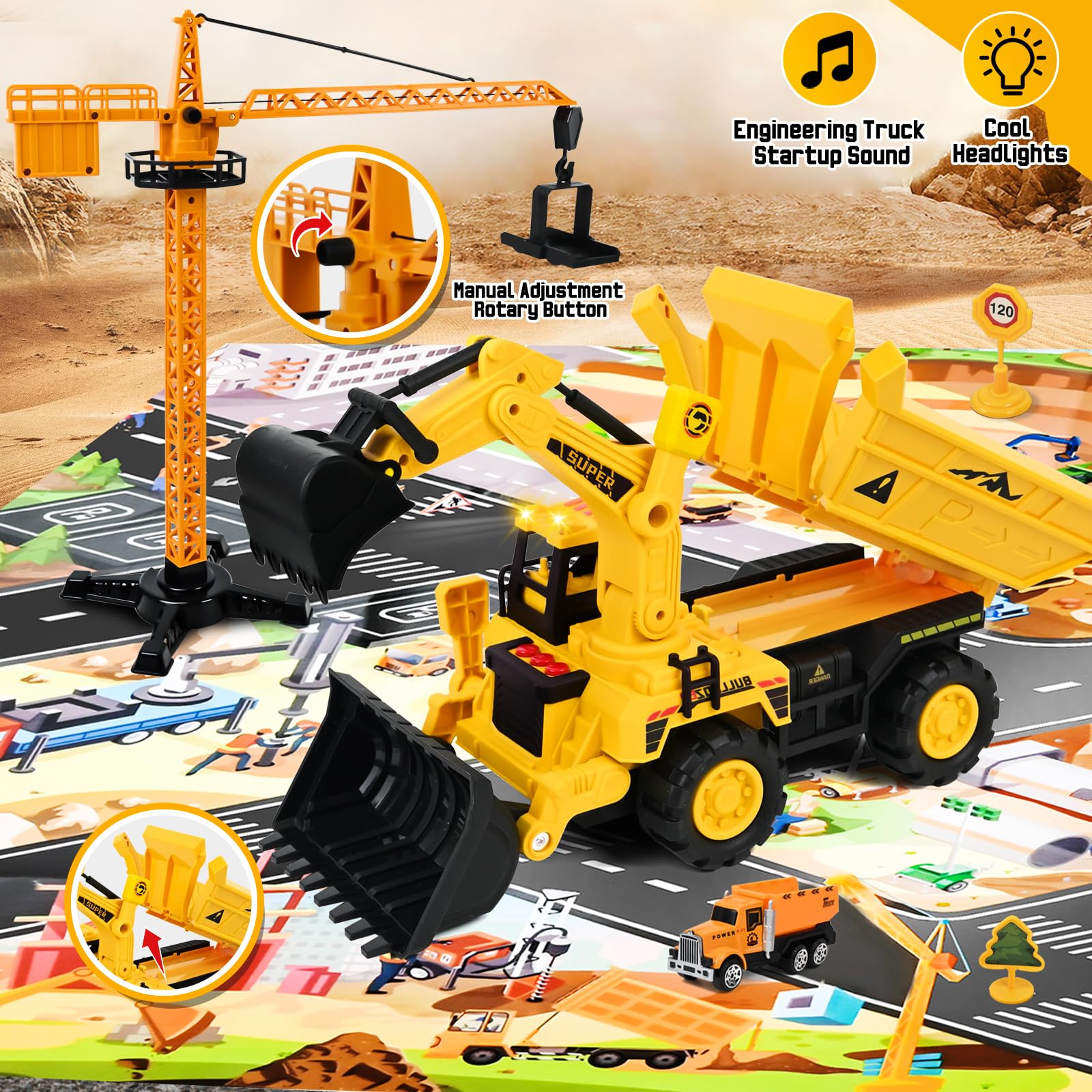 Joellfuner Vehículos de Construcción para Niños, Construcción Camión Vehículos de Juguete para Niños con Efectos de Música y Luces, Excavadora de Juguete Transformable Regalo para 4 5 6 7 8 9 + Años