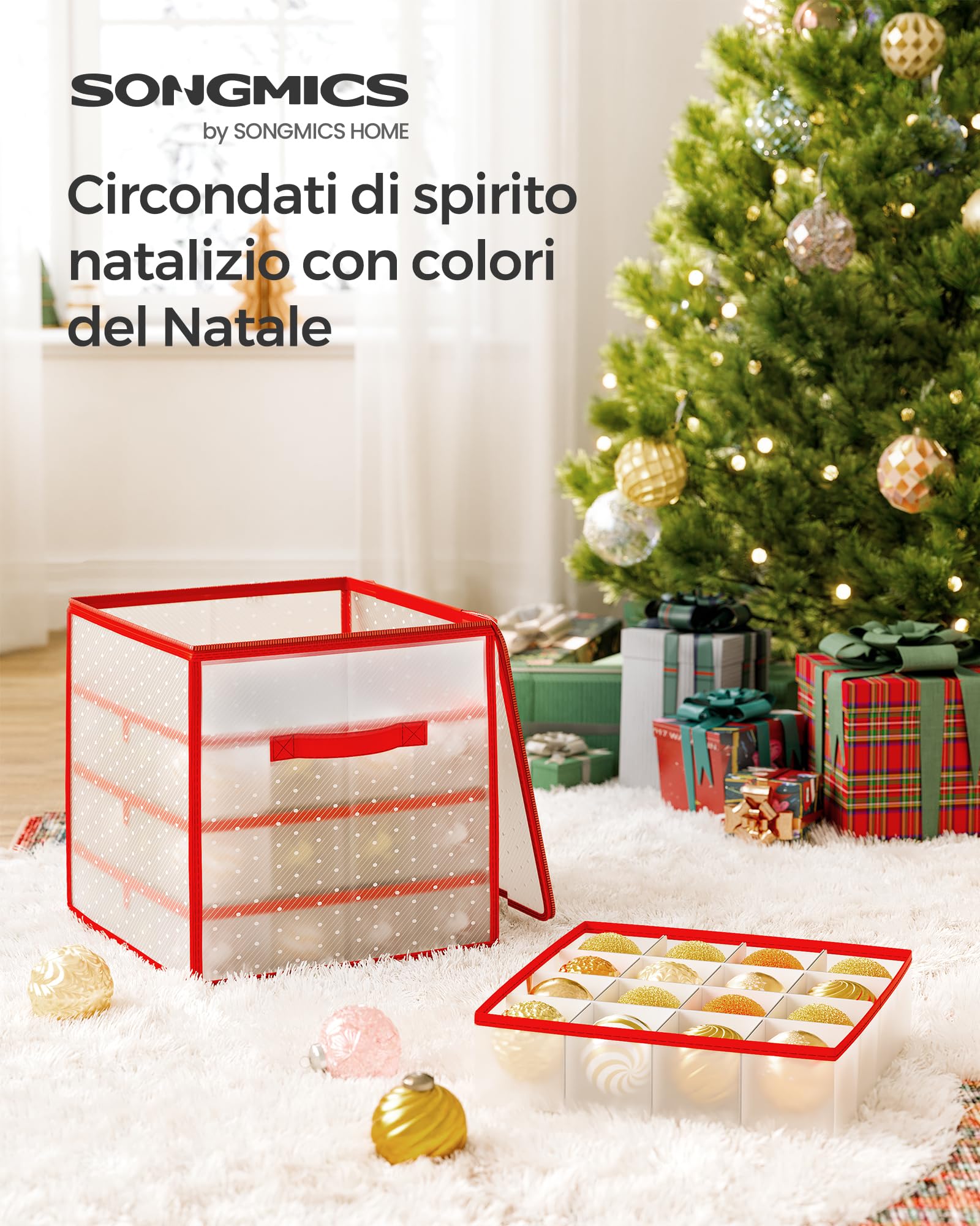 SONGMICS Contenitore per Palline di Natale, Scatola per Decorazioni Natalizie, 64 Posti da 7,6 cm, Vassoi Rimovibili, 33,5 x 33,5 x 34 cm, Rosso Ciliegia RFB029T03