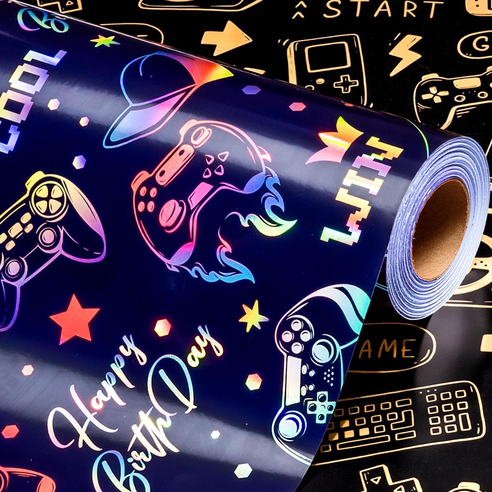 Wikadlik Reversible Gaming Wrapping Paper Roll - Blue Birthday Design Gift Wrap Paper for Kids Boy, Fathers Day, Graduation - 43cm x 10m