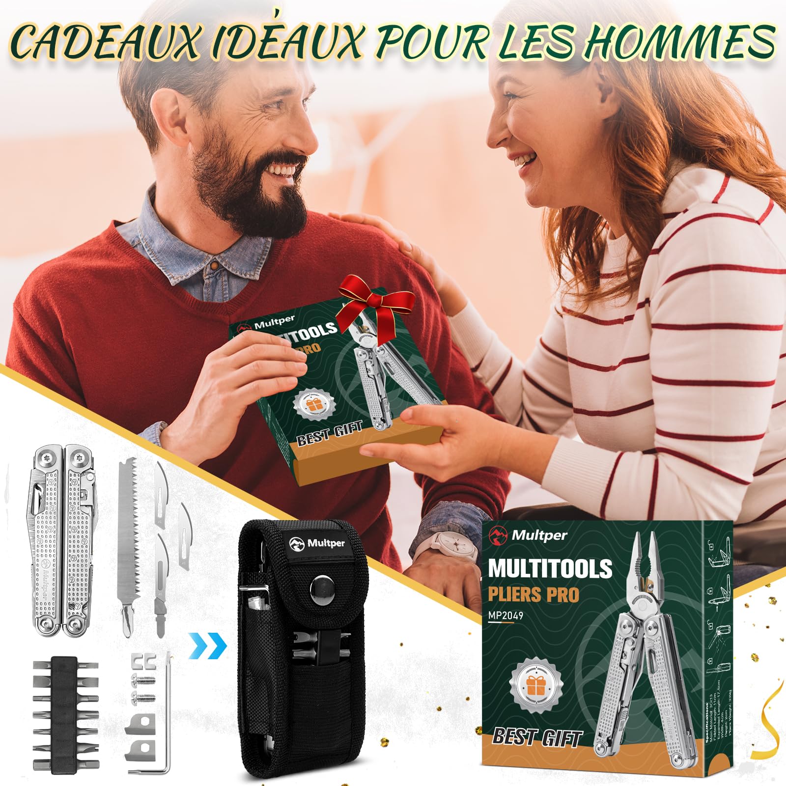Multper Pince Multifonctions, Idee Cadeau Homme, Multitool, Outil Multifonction avec Couteau Damas, Tournevis, Ciseaux, Cadeaux Anniversaire Homme, Cadeau Fete des Peres