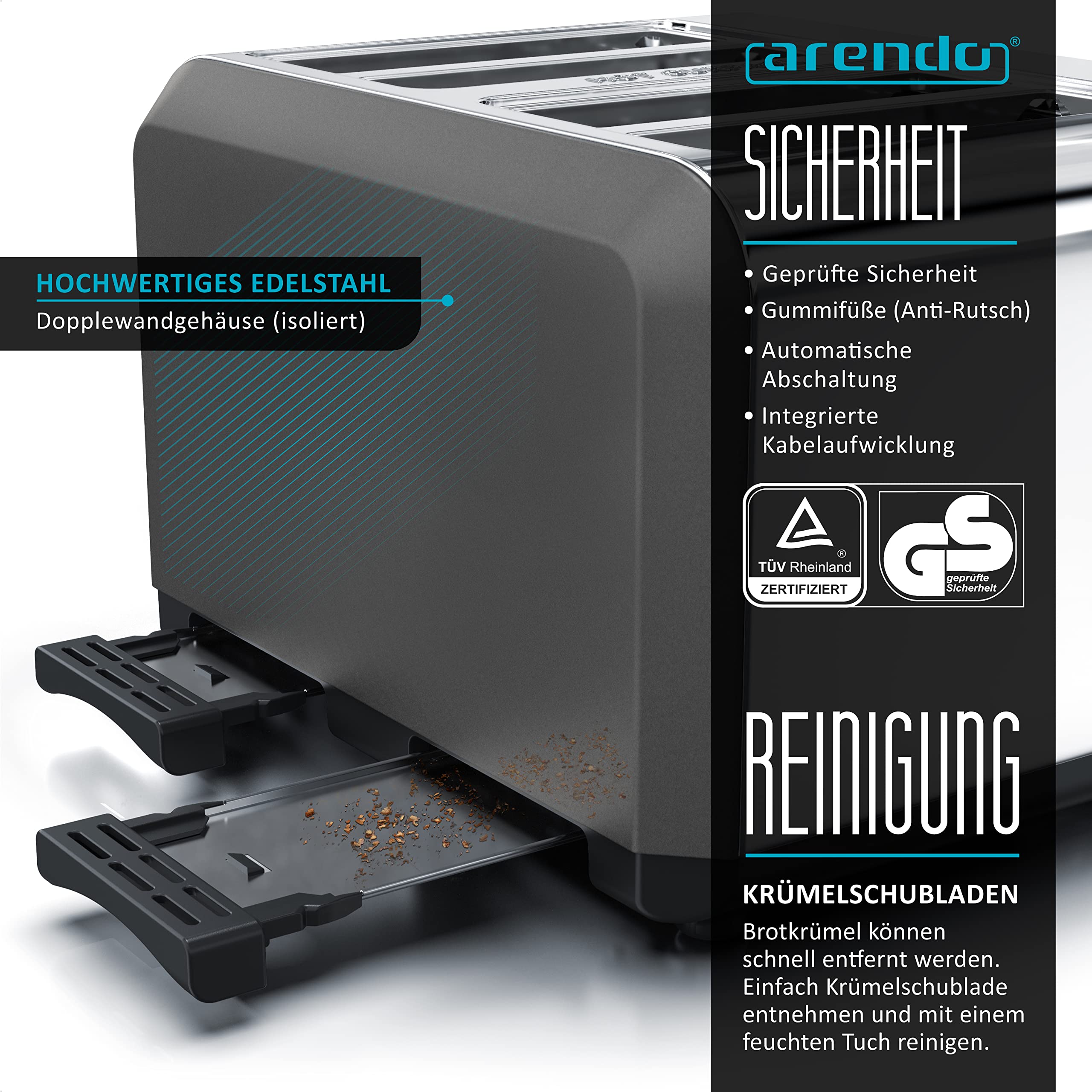 Arendo - Automatik Toaster 4 Scheiben in Edelstahl, bis zu vier Sandwich und Toast-Scheiben, Bräunungsgrad 1-6, Aufwärm und Auftaufunktion, Krümelschublade, 1630 W, GS zertifiziert