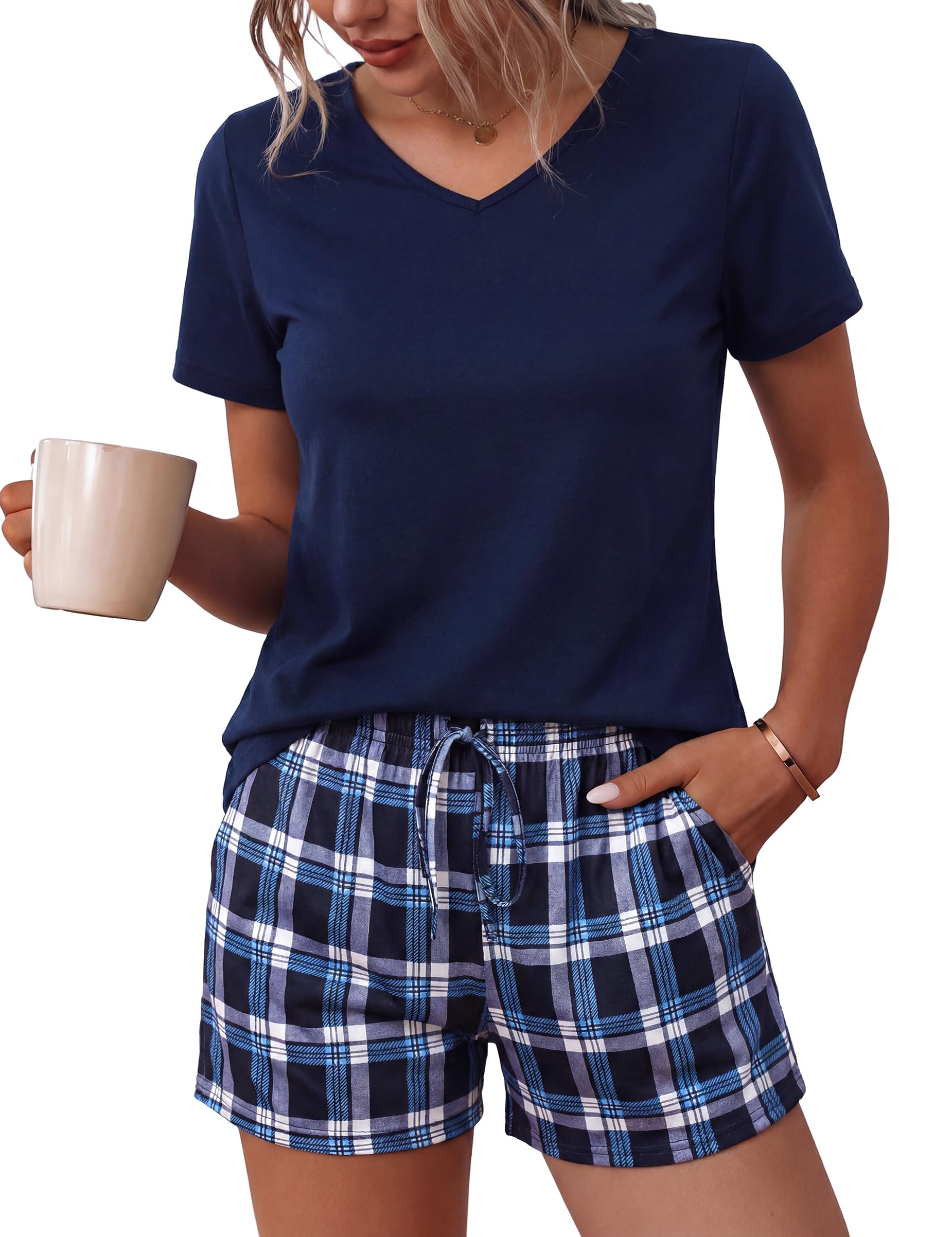 Bresdk Schlafanzug Damen Kurz Baumwolle Shorty Pyjama mit Karierter Shorts | Einfarbiges Kurzarm-Oberteil mit femininem V-Ausschnitt kombiniert mit klassisch karierter Shorts für einen stilvollen Look