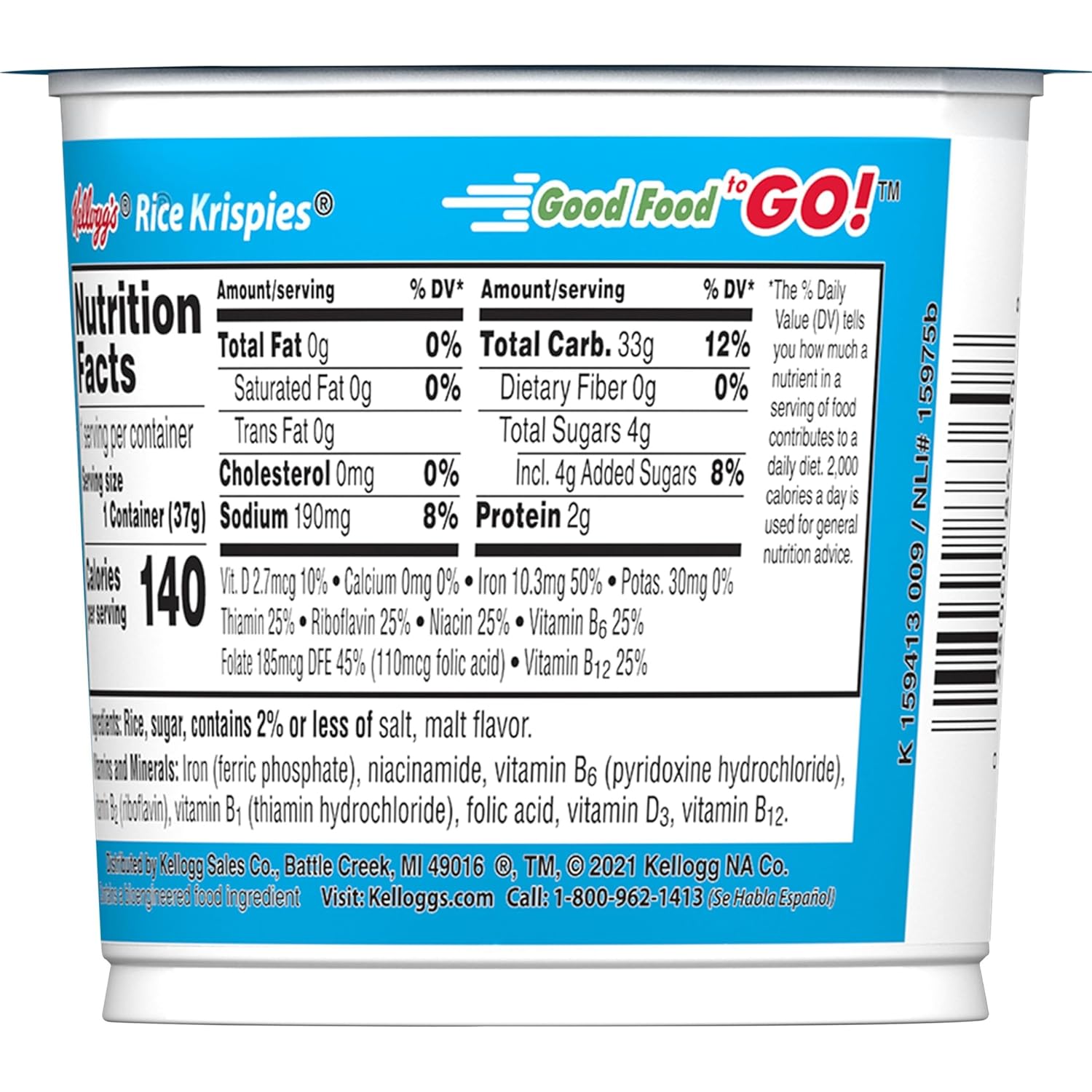 Kellogg's Rice Krispies Breakfast Cereal Cups, Kids Snacks, Cereal Cup to Go, Original, 15.6oz Case (12 Cups) 1.3 Ounce (Pack of 24)