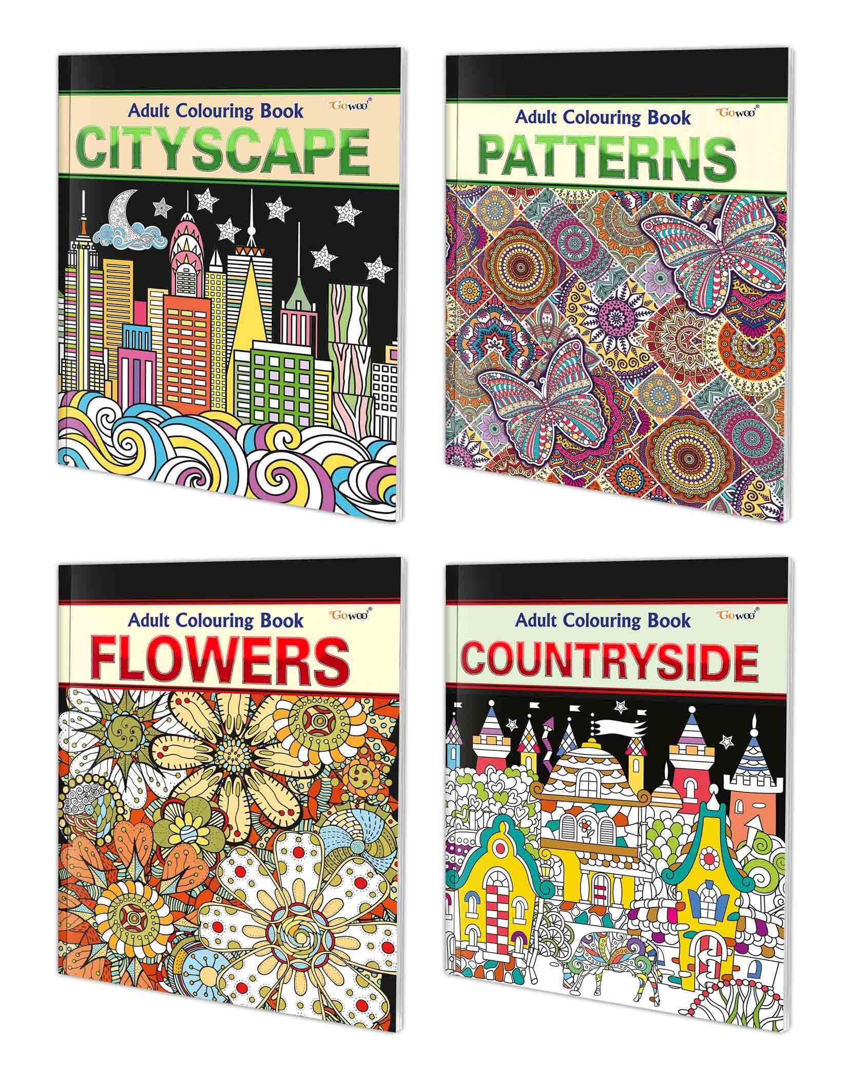 Cityscape, Patterns, Flowers and Countryside - Adult Colouring Book : Relaxing Coloring Book, Creative Coloring book, Mindful Coloring Book for Adults | Pack of 4 Adult colouring books