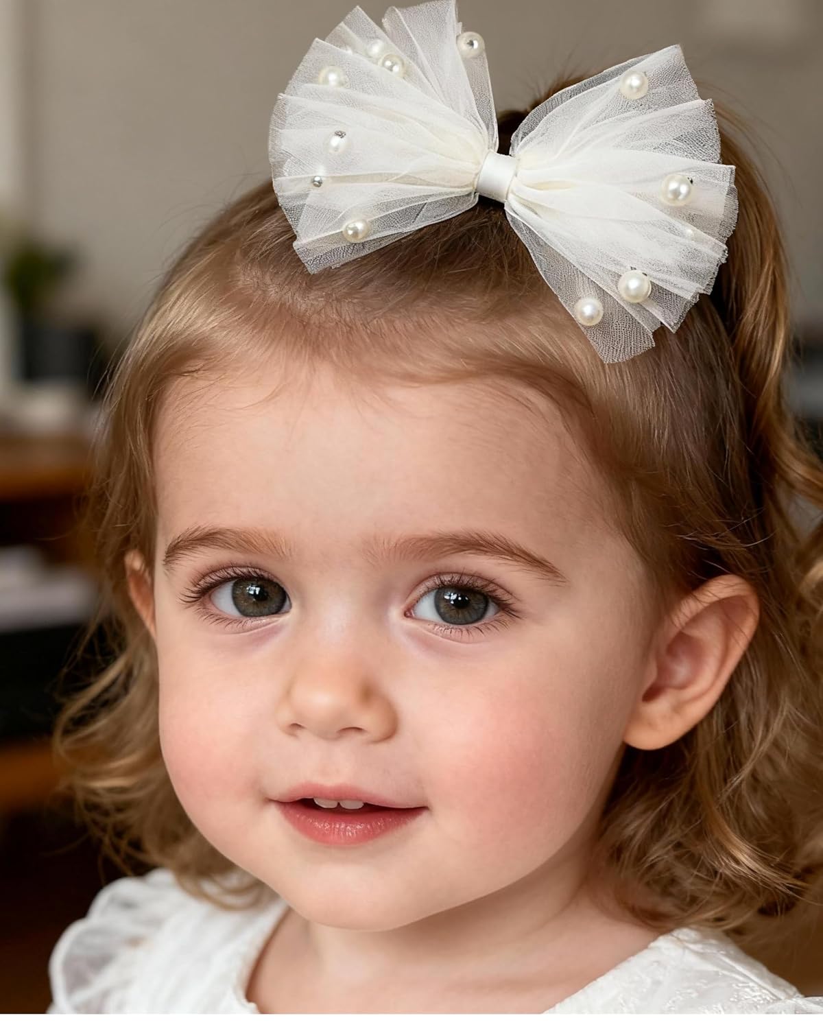 Baby Girls Toddlers Handmade Lace Bow Hair Clips Non-Tug No Scratch Breathable Smooth Metal Clips Pearl Accent Head Accessories Birthday Christenings Gifts Photoshoots (White Pearls, Medium)