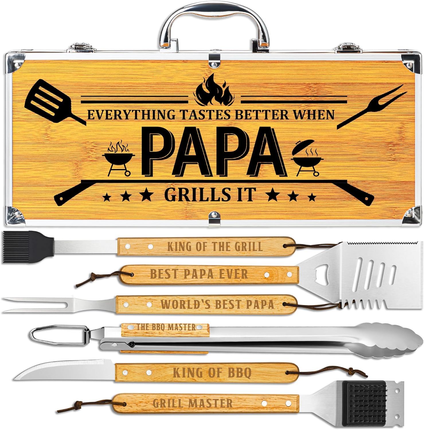 Papa Gifts from Grandkids, Fathers Day Papa Grilling Gift Heavy Duty Wooden BBQ Grilling Accessories Kit for Backyard, Thick Stainless Steel Grill Utensils with Non-Slip Handle Tools in Portable Bag