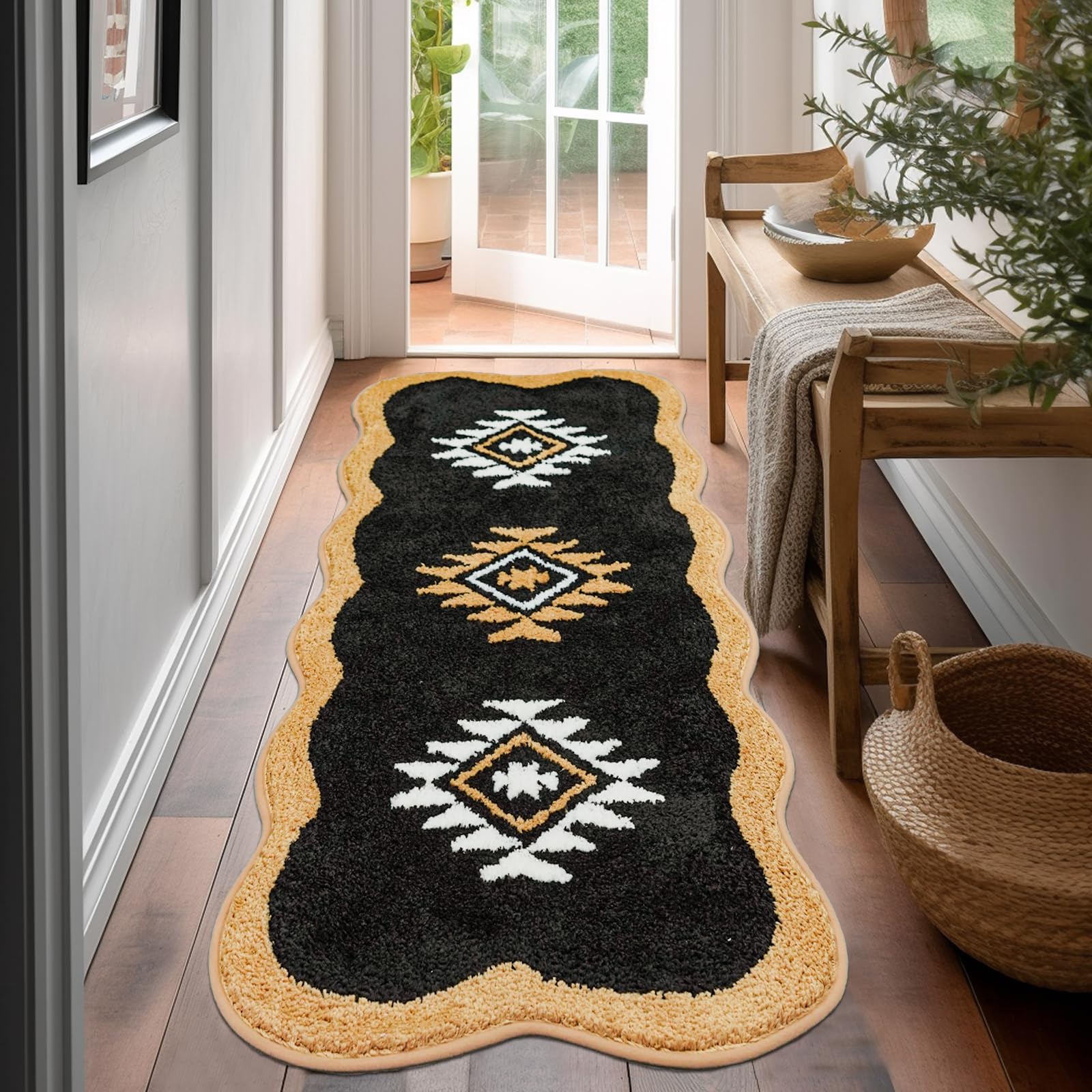 Mocsicka Vintage Aztec Bathroom Runner Rug 24''X 60'' Non-Slip Absorbent Bath Boho Western Rug for Vintage Bathroom Decor Farmhouse Black Tribal