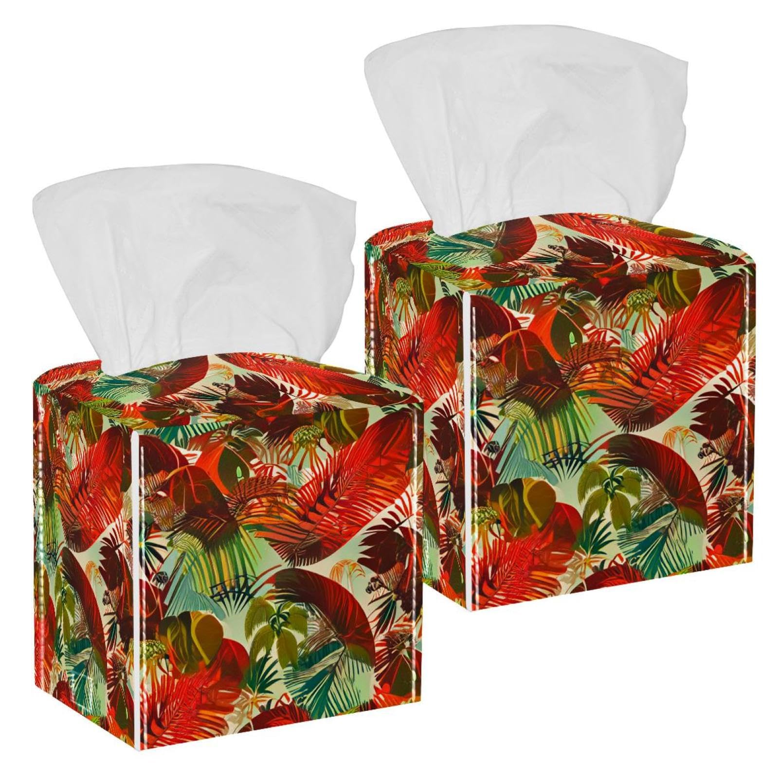 Tropical Palm Tissue Box Cover, 2 Pack PU Leather Square Facial Tissue Dispenser Box holder for Home Office Car
