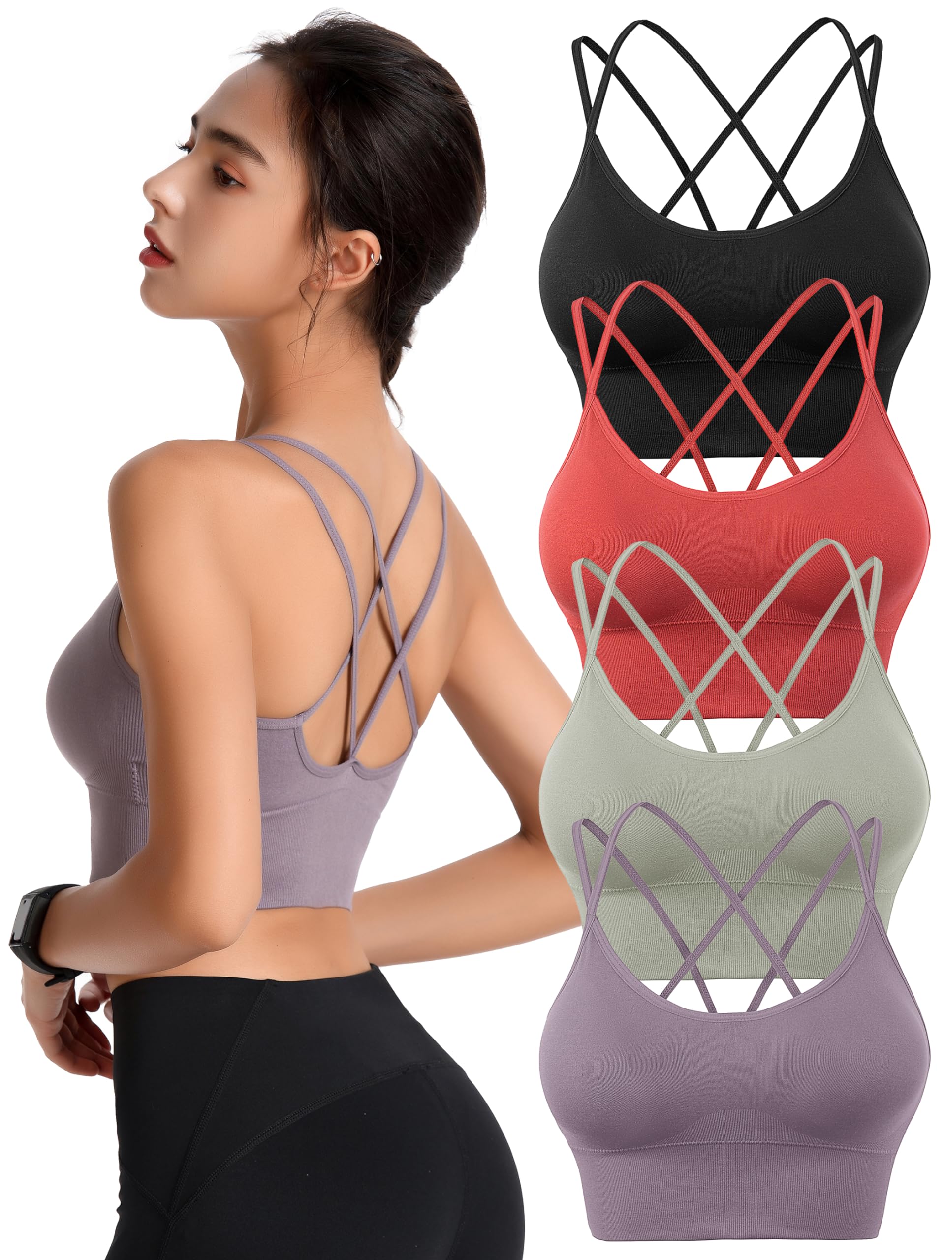 Sujetadores deportivos acolchados para mujer, con tiras cruzadas, espalda cruzada, para yoga, entrenamiento, fitness, correr, gimnasio, parte superior de bajo impacto, Paquete de 4, negro, morado,