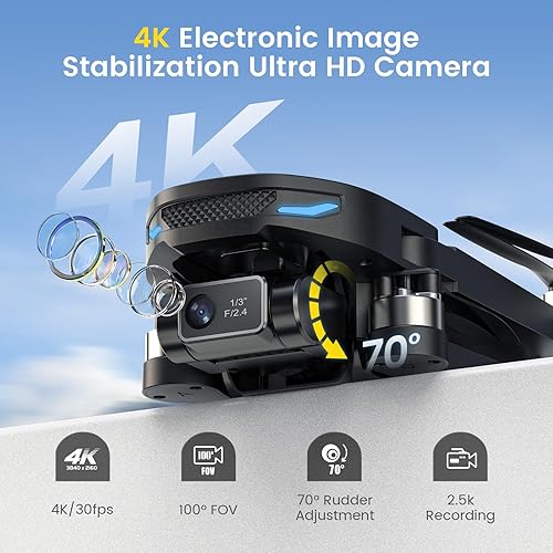 Miniatura 2 de DEERC Dron D65 con cámara 4K UHD para adultos, cardán de 2 ejes y estabilización EIS, cuadricóptero GPS plegable de menos de 8.78 oz con motores sin