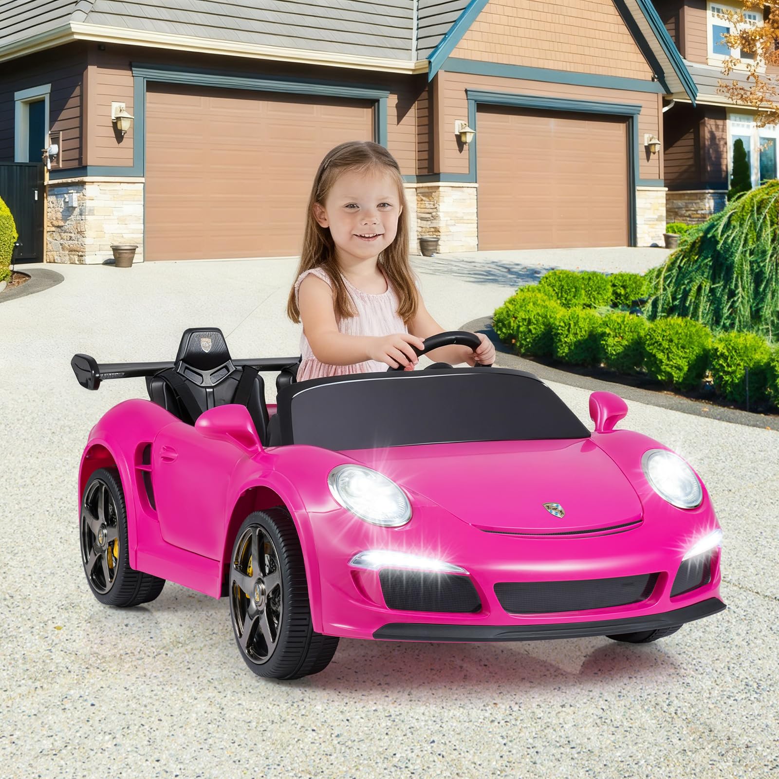 COSTWAY Kinder Elektroauto, 24V Kinderauto Elektrisch mit 2,4G Fernbedienung, Kinderfahrzeug mit LED-Lichter, Hupe, Musik & Bluetooth, Elektrofahrzeug für Kinder ab 3 Jahren (Rosa)