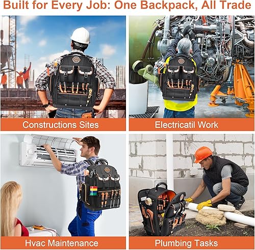 Miniatura 6 de Mochila de herramientas resistente con 89 bolsillos, compartimento para laptop y cerradura de combinación, mochila impermeable para electricista,