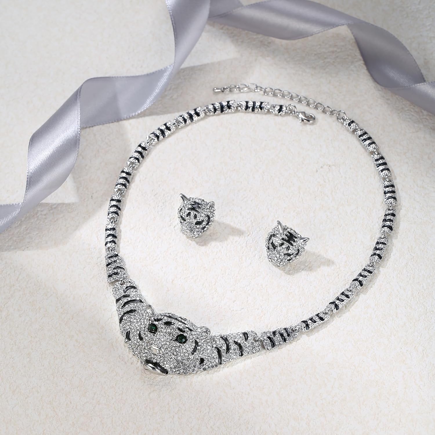 EVER FAITH Austrian Crystal Enamel Big Tiger Head Necklace Stud Earrings Set