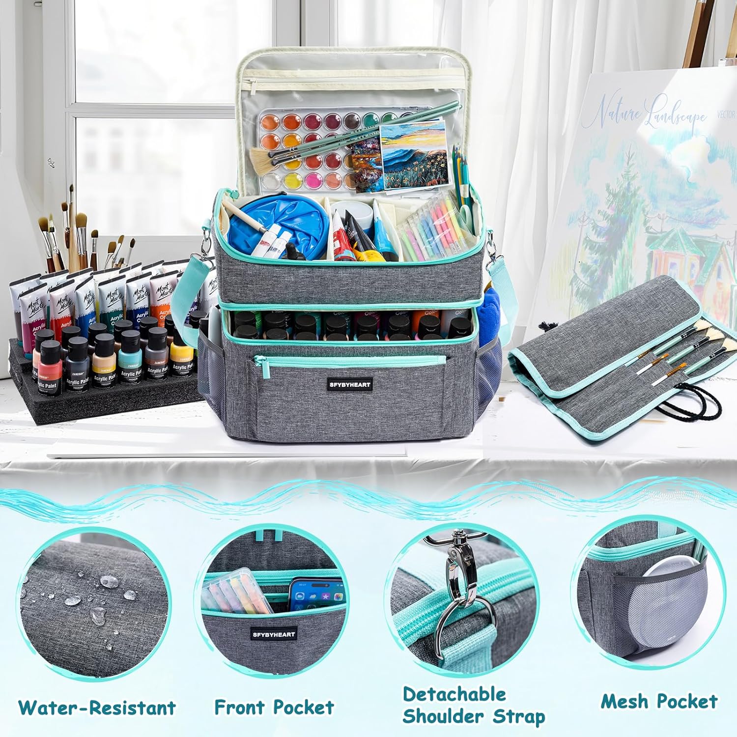 Acrylic Paint Organizer Bag with Washable Roll-Up Brush Holder, 2-Layer Art Supply Case, Large Craft Organizer with Foam Inserts for Apple Barrel, Shuttle Art, Caliart Art Supplies Storage Bag