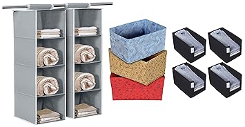 Kuber Industries Organizer Box (Blue & Red & Beige, 42 x 29 x 22 cm), Set of 3 & 4 Piece Organizer Set, Black & KUBMART15322 Foldable Hanging 4 Cloth Organizer (Grey)-Pack of 2