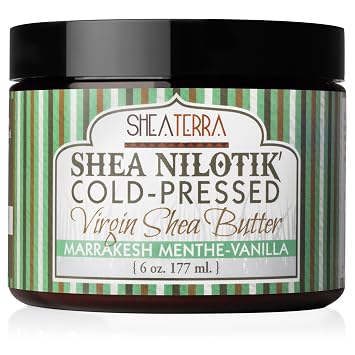 Shea Terra Organics Cold-Pressed Virgin Shea Butter Marrakesh Menthe Vanilla | Organic East African Shea for Dry Skin, Stretch Marks, Nails & Hair 6 oz