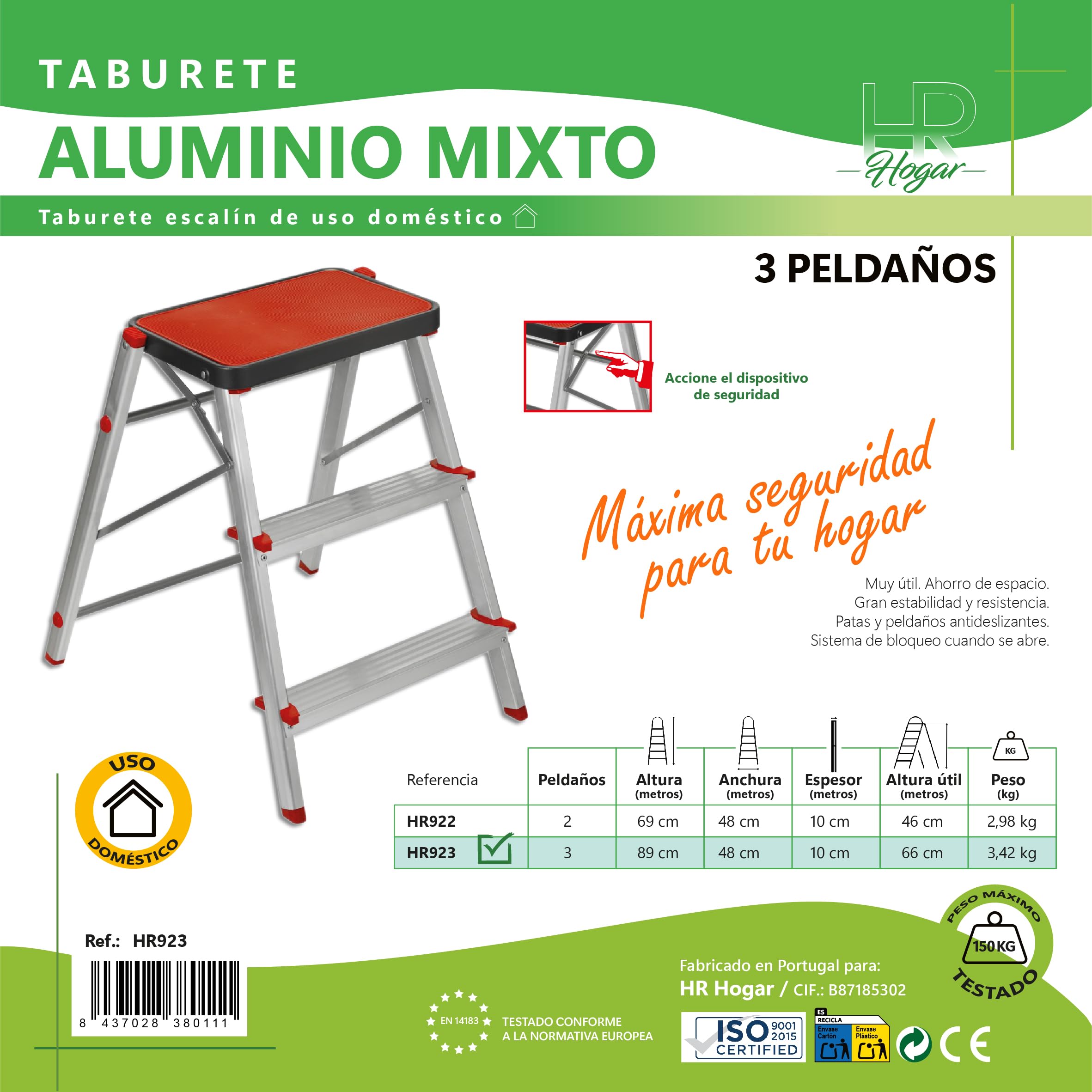 Escalera Taburete Plegable 3 Peldaños de Aluminio Ligero y Resistente - Antideslizante y Portátil de Fácil Almacenamiento para Uso Doméstico y en Almacenes - Fabricado en Europa | HR Hogar