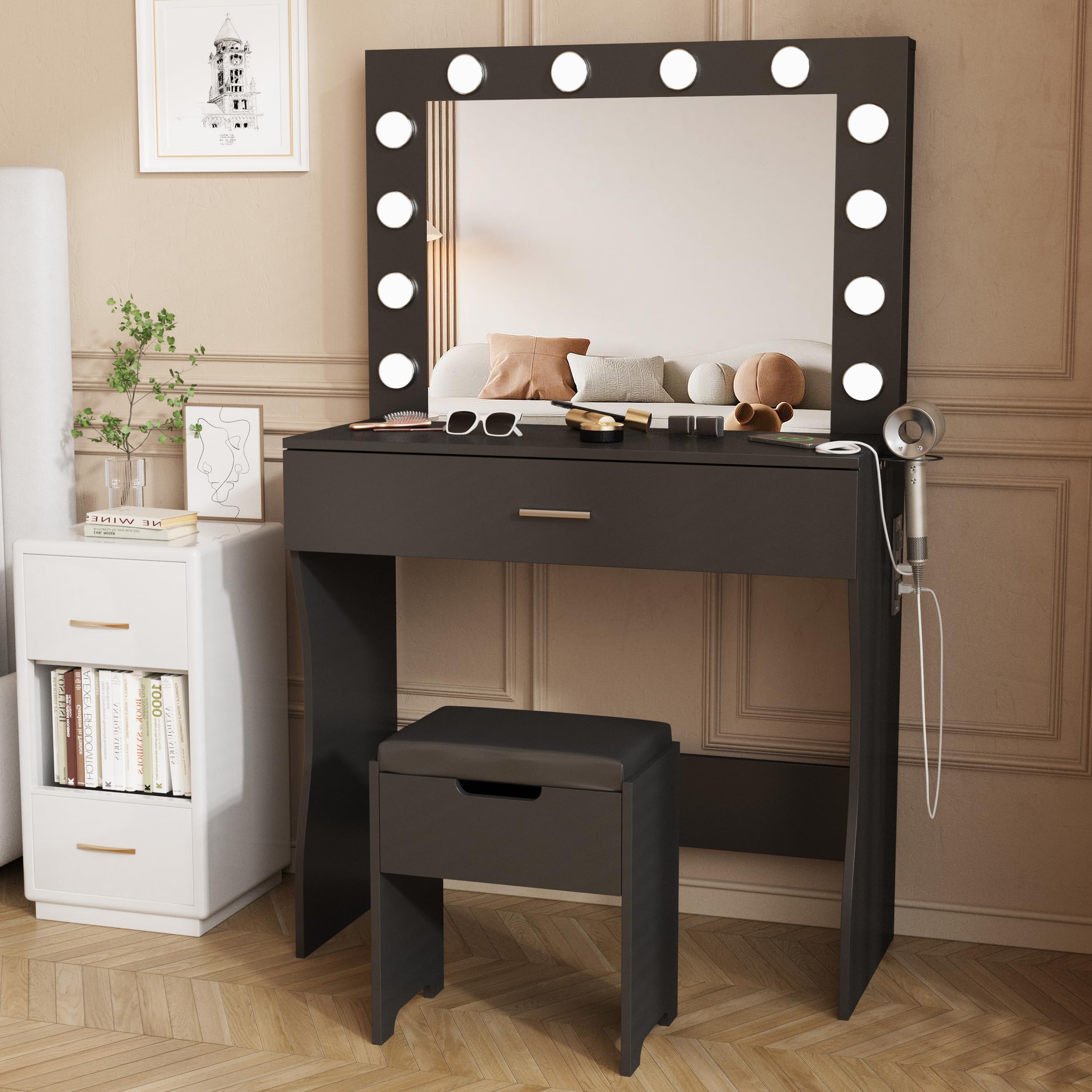 Halitaa Vanity Desk with Lights, Makeup Vanity Desk with Lighted Mirror and Charging Station, ，3 Lighting Modes Adjustable Brightness,Makeup Vanity