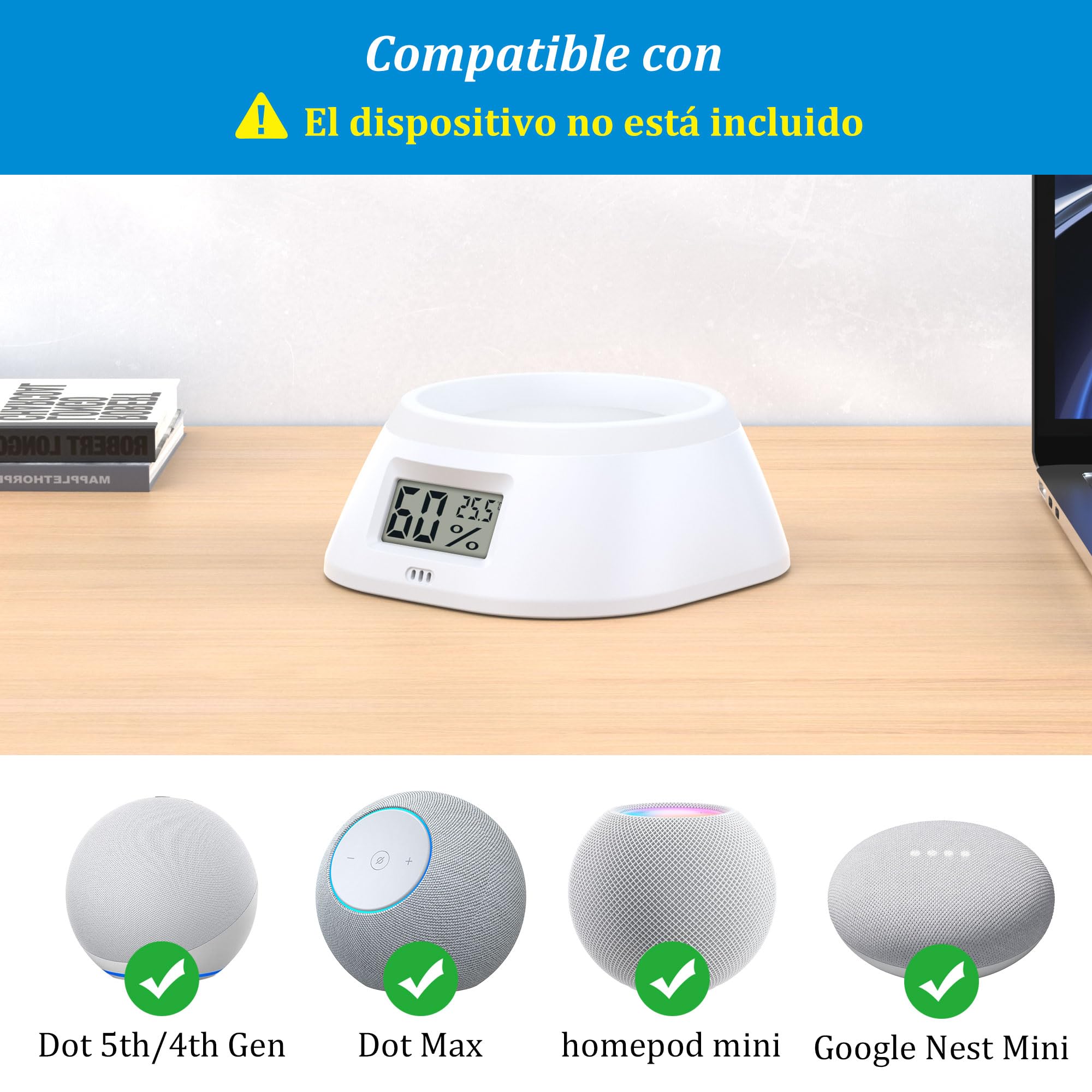 PlusAcc Supporto per Dot Max & Dot & Nest Mini – con termometro e igrometro da tavolo con gestione dei cavi integrata per camera da letto, soggiorno, ufficio (bianco)