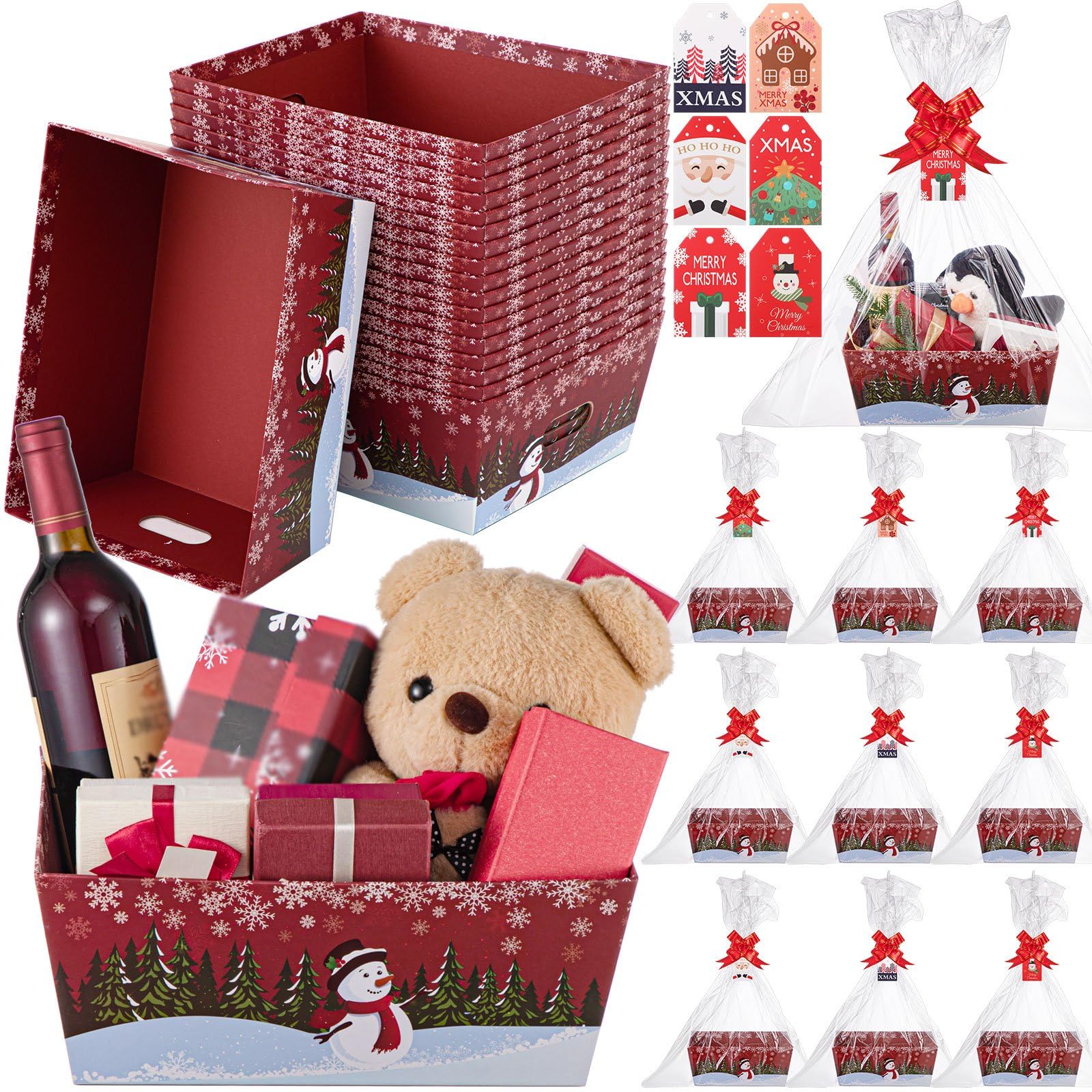 Cholemy Cesta grande de Navidad de 12 x 10 pulgadas para regalo vacío, kit de cesta de cartón kraft resistente con asas, juego de cestas de regalo con bolsas de cesta, lazos rojos, tarjeta de Navidad