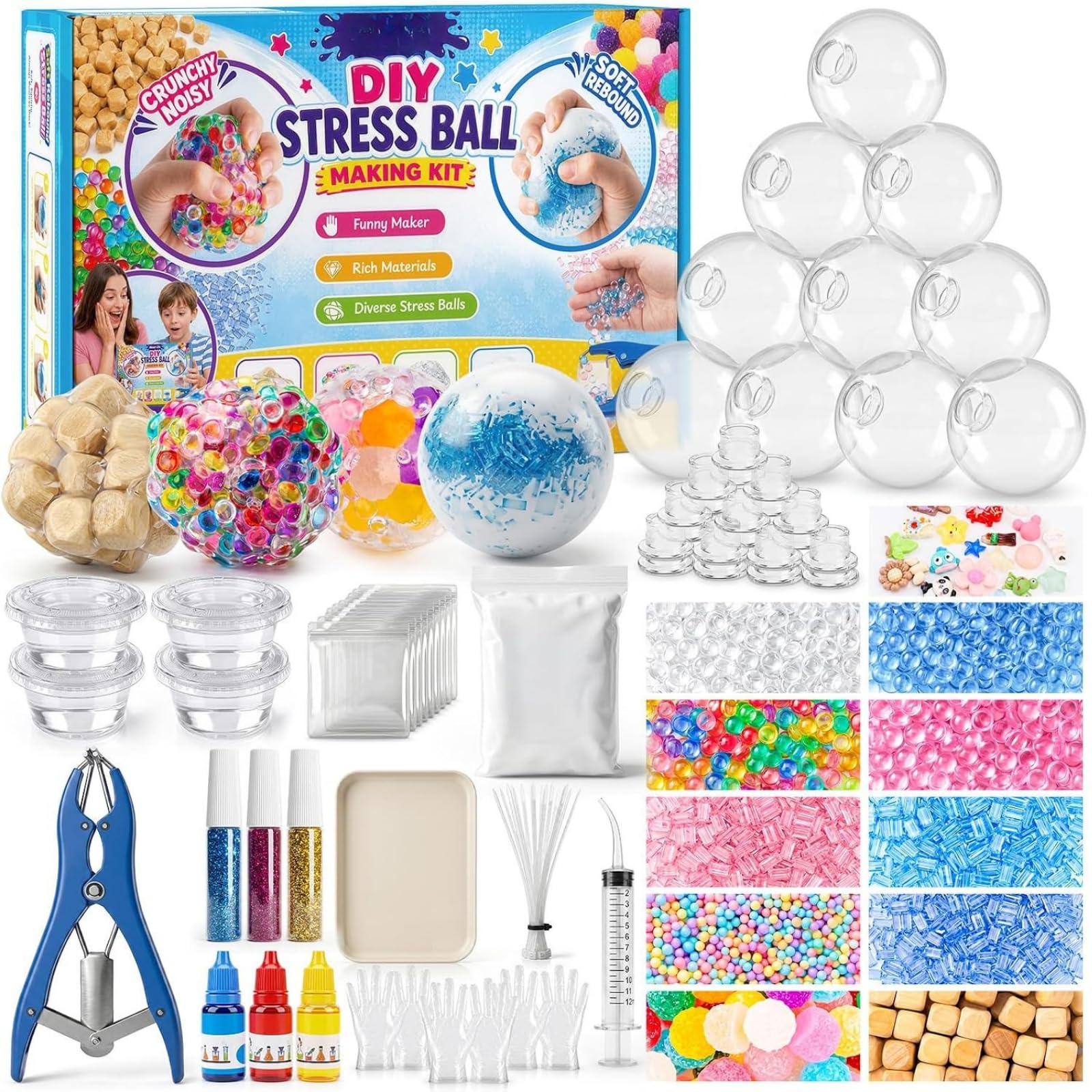 DIY Stress Ball Making Kit-Easy DIY- 10 TPR Skins, 16 Fillers, 15 oz Slime, 3.5 oz Clay, Handmade Squishy Making Kit Stress Balls, Interesting Gifts for Women, Crunchy Relaxing