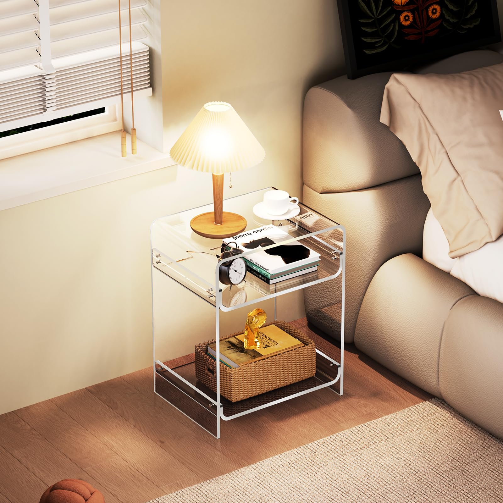 Mesa Auxiliar de Acrílico, Mesita de Noche, pequeña Transparente para Sala de Estar, Dormitorio (Claro)