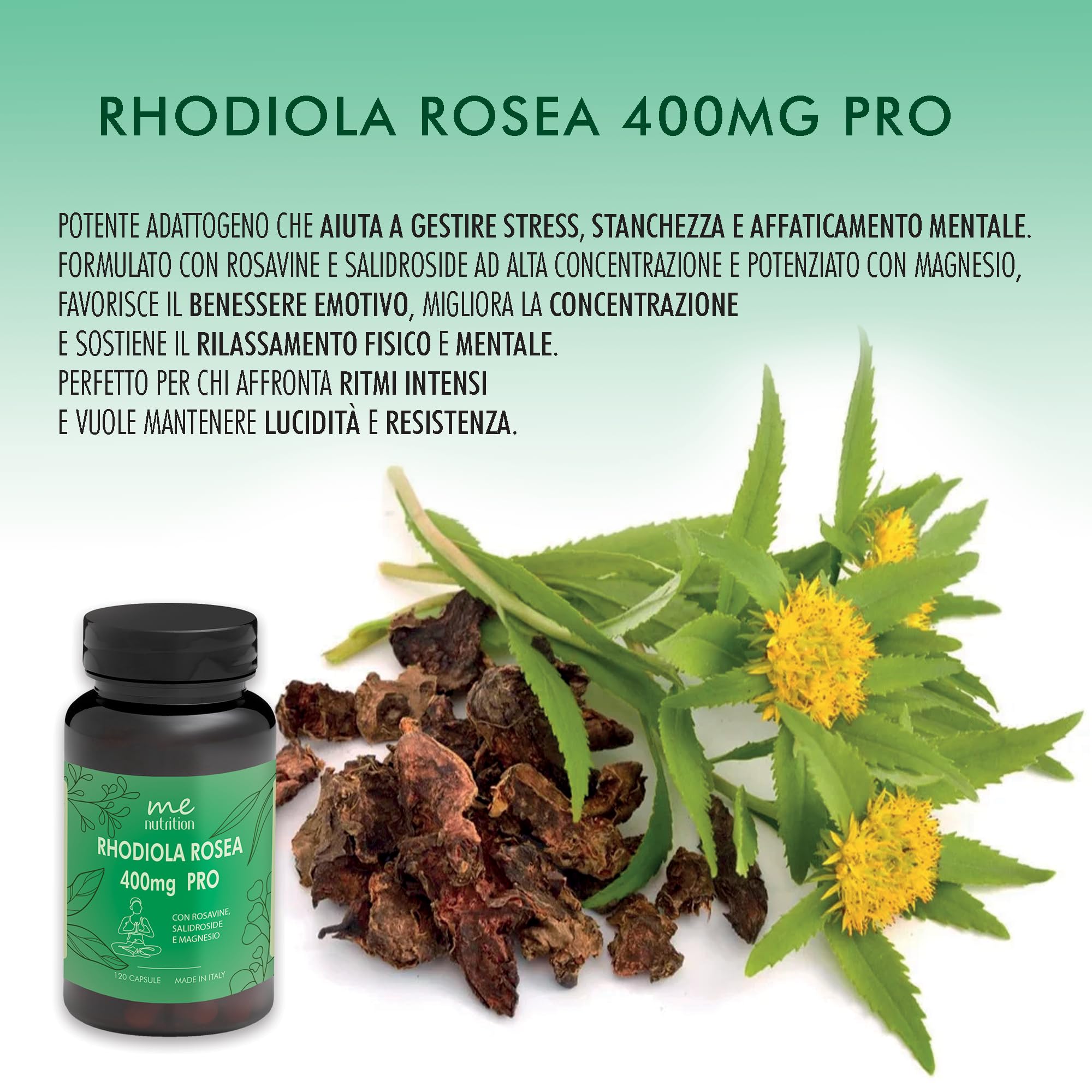 Rhodiola Rosea 400mg PRO potenziato con Magnesio 120 capsule Buon Umore, Equilibrio Emotivo, Stanchezza Fisica e Mentale, Antistress, Concentrazione (Scorta fino a 4 mesi) Made in Italy Me Myeasy