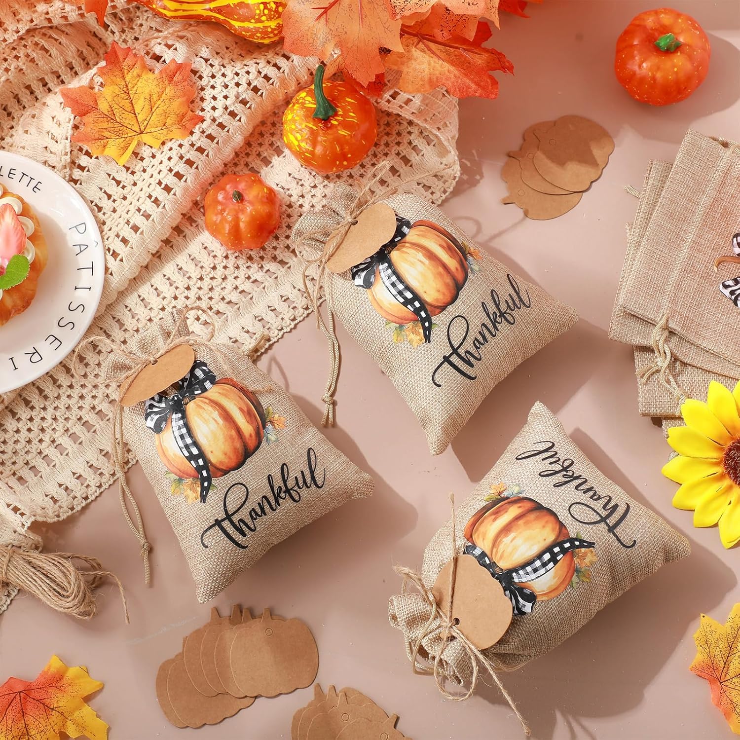 Wesnoy 50 Pcs Thanksgiving Burlap Gift Bags with Drawstring and 50 Pcs Tags 5x7 Autumn Fall Pumpkin Treat Bags Harvest Candy Goodies Sacks for Thanksgiving Party Favor DIY(Orange Pumpkin) - Image 4