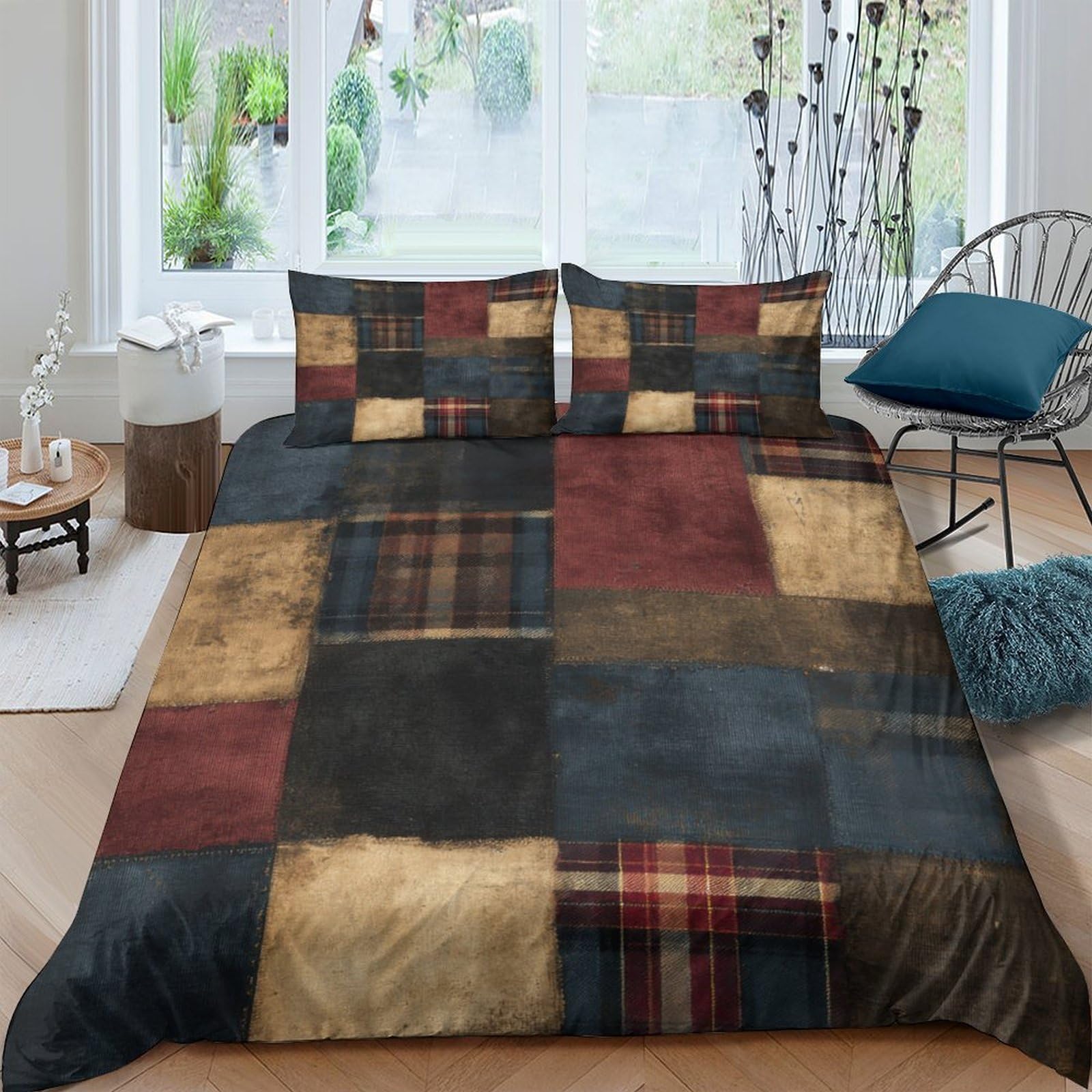 Ctjqhvkz Style-7 3D Printed Vintage Patchwork Fitted Sheet Microfiber Soft Breathable Rustic Plaid Mattress Cover Bedroom Decor Single（135X200cm）
