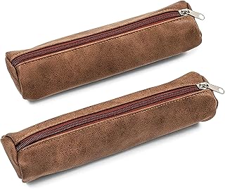 Faux Leather Pencil Pouch for School and Office (Brown, 2 Pack)