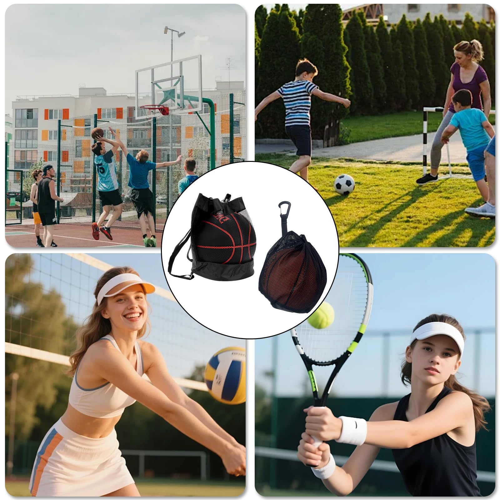 Lot de 2 sacs de basket-ball - 1 sac de ballon avec cordon de serrage - Sac de basketball portable - Grande capacité - Sac en filet pour football, tennis, enfants et adultes