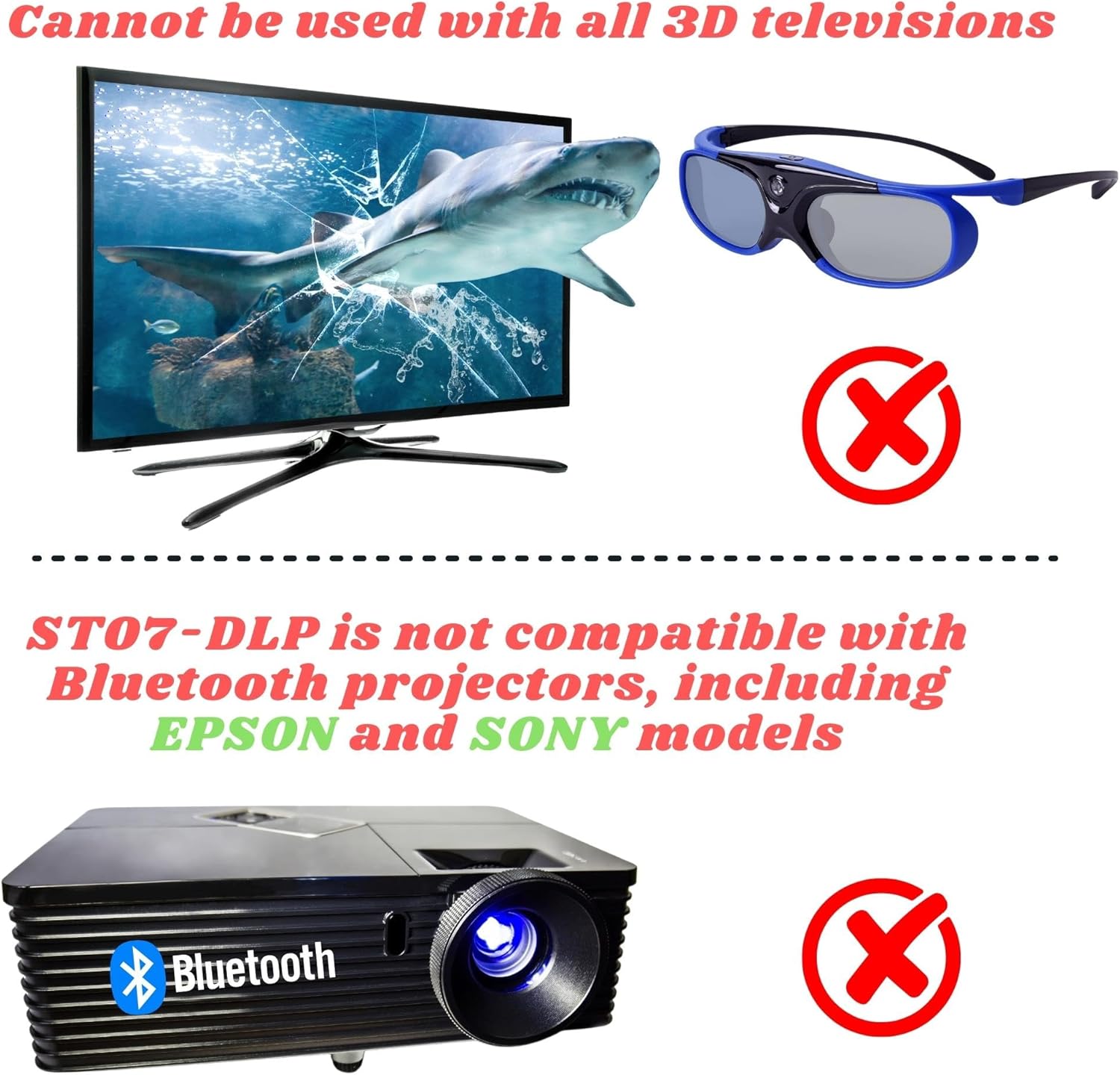 Sintron 2X ST08-DLP 3D Active DLP-Link Glasses Eyewear Rechargeable - 144Hz for 3D-Ready DLP Projectors Including Optoma, BenQ, Acer, Dell, Viewsonic, Vivitek, Sharp, LG, NEC, Mitsubishi (Blue)