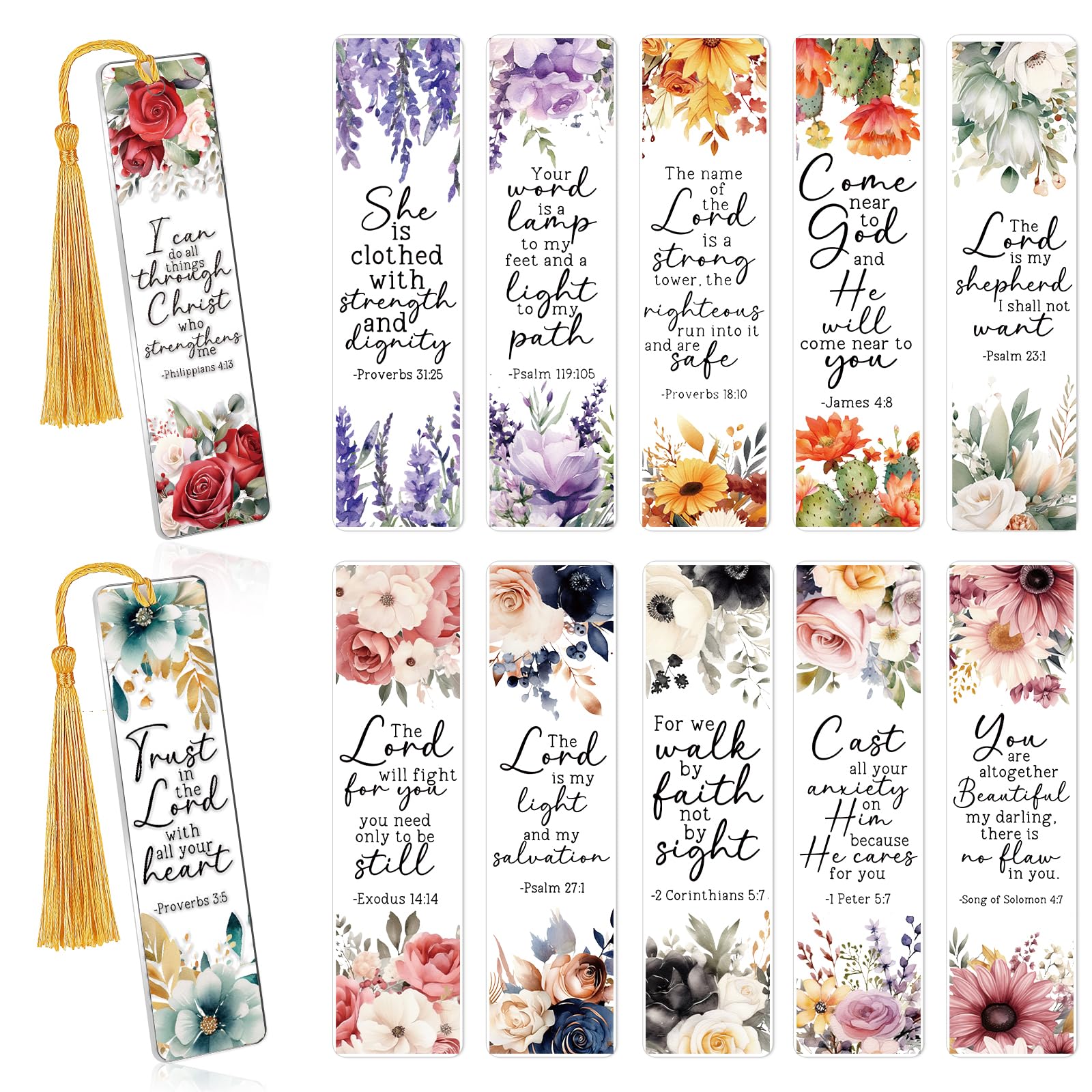 Marcapáginas UV DTF – 24 hojas de calcomanías UVDTF con versículo bíblico para marcadores acrílicos, impresión de doble cara, flores cristianas, calcomanías de transferencia afirmativa para