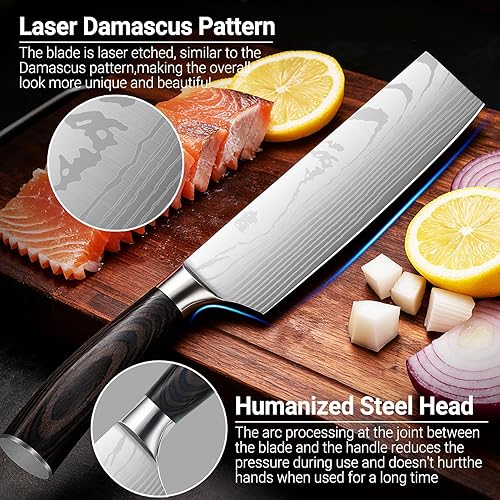 Miniatura 4 de Nakiri - Cuchillo de cocina de 7 pulgadas afilado para carne y verduras, cuchillo de chef asiático de Damasco para el hogar y la cocina con mango