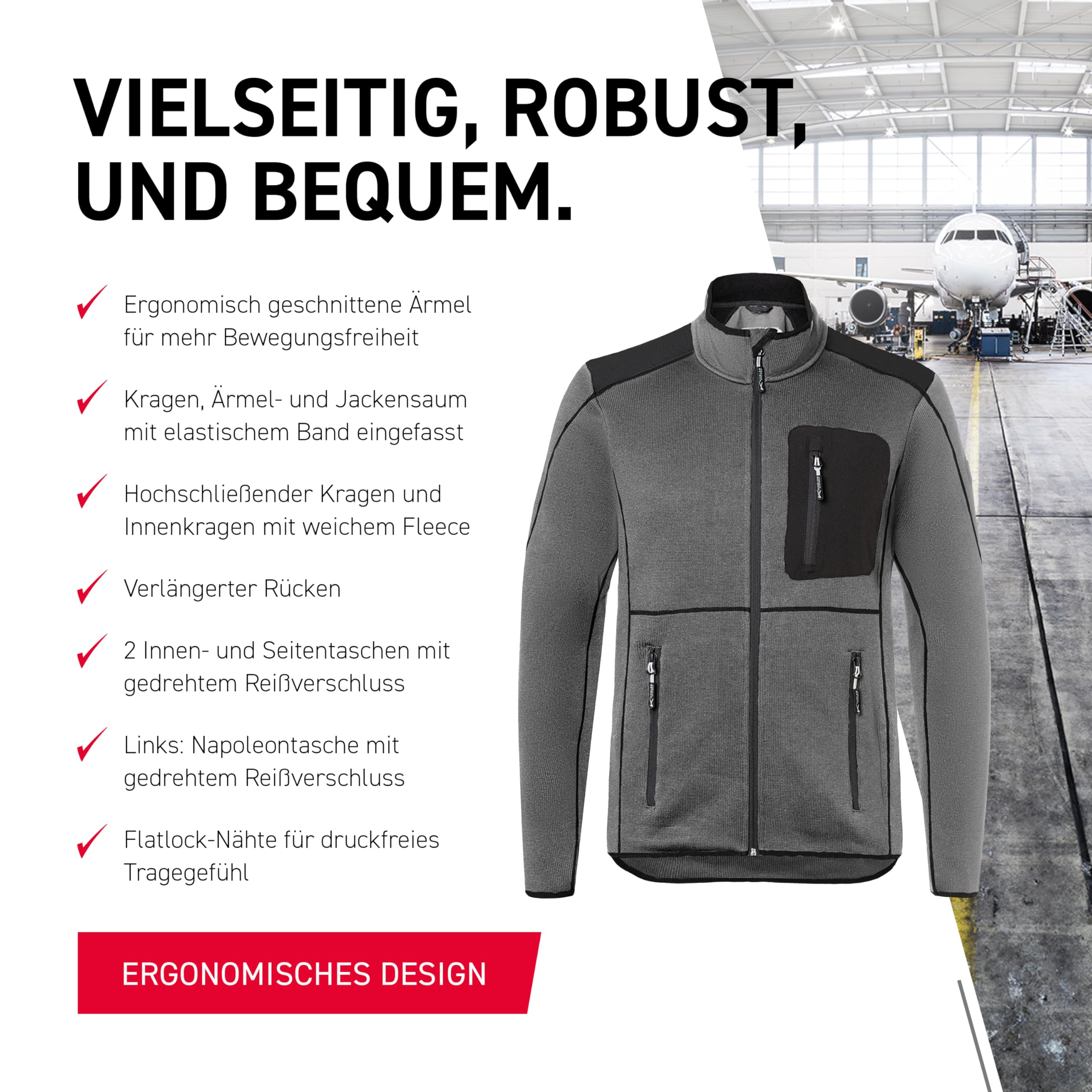 KÜBLER ICONIQ Strickjacke 1443 – Arbeitsjacke im Stricklook mit Kontrasteinsätzen und Front-Reißverschluss